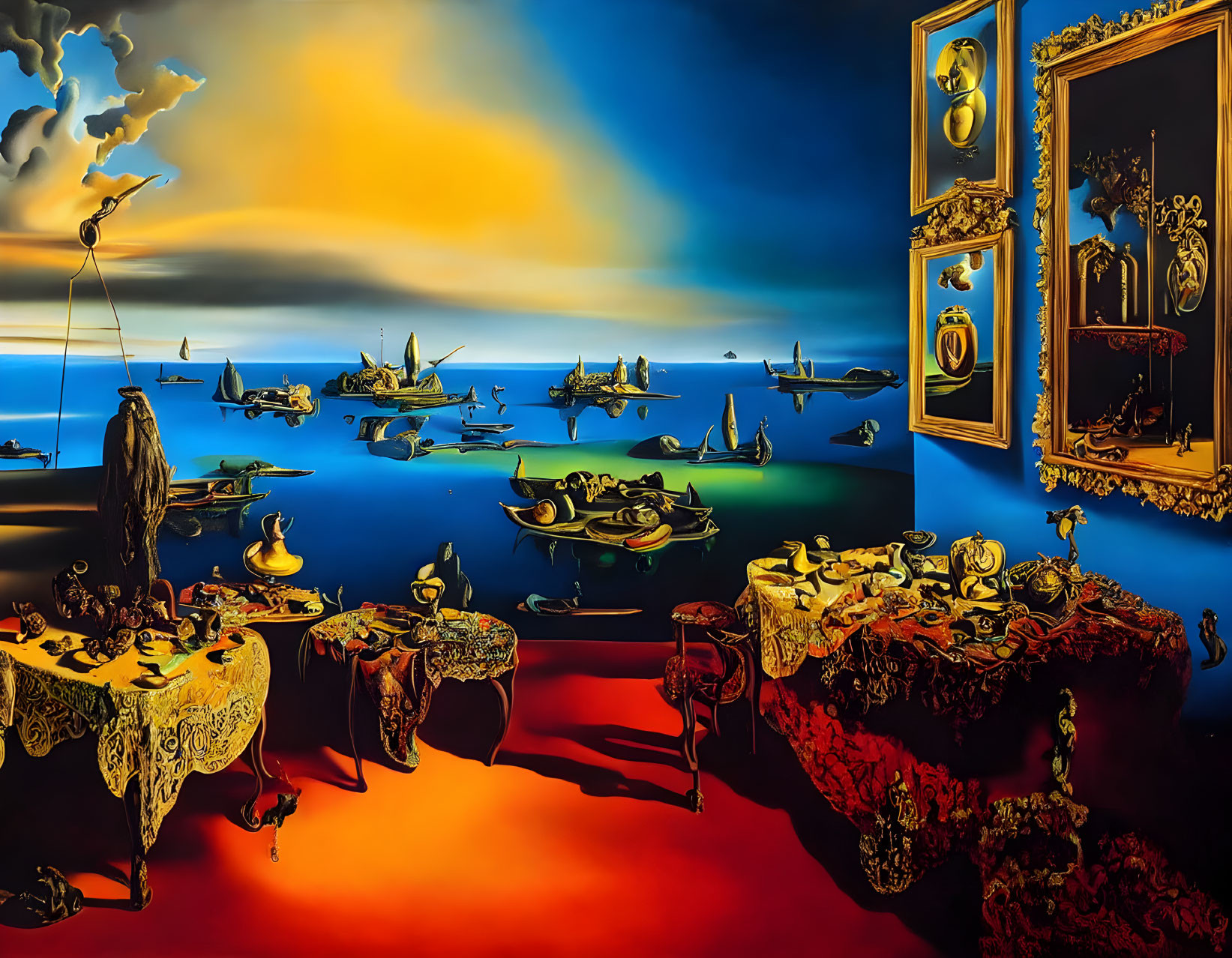 Surrealist painting with distorted figures, melting clocks, and seascape under orange-blue sky