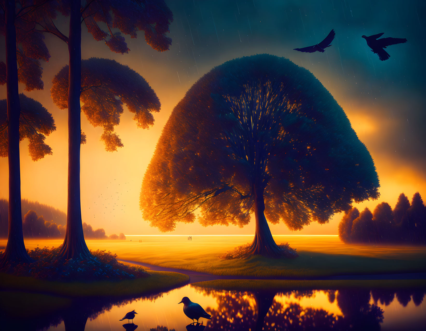 Tranquil twilight landscape with tree, birds, water, and orange sky