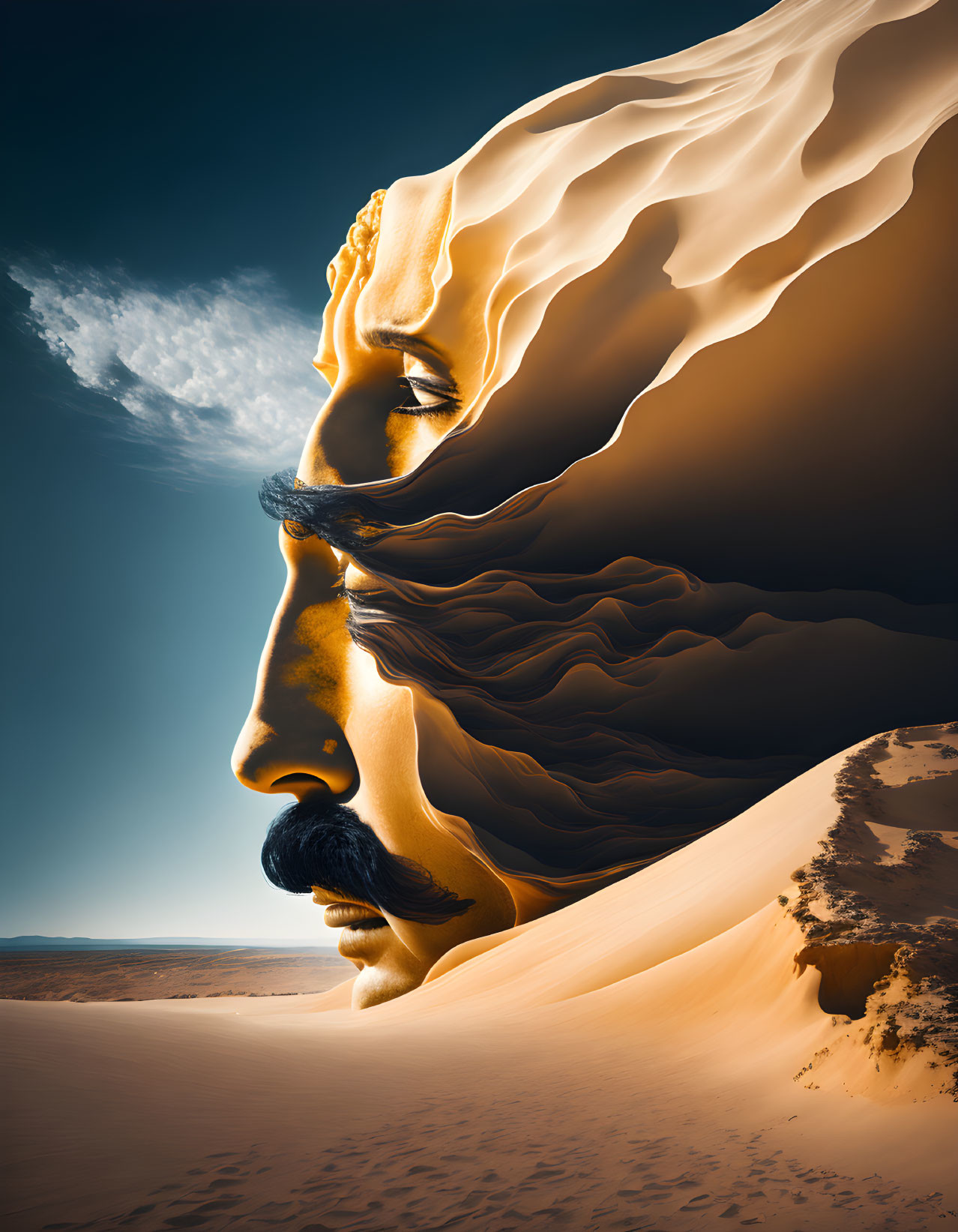 Human face merges with sand dunes under blue sky