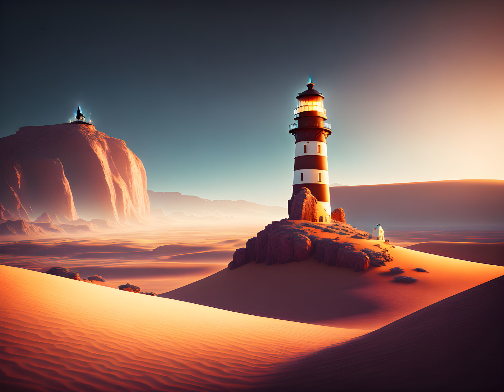 Surreal desert landscape with lighthouse under colorful sky