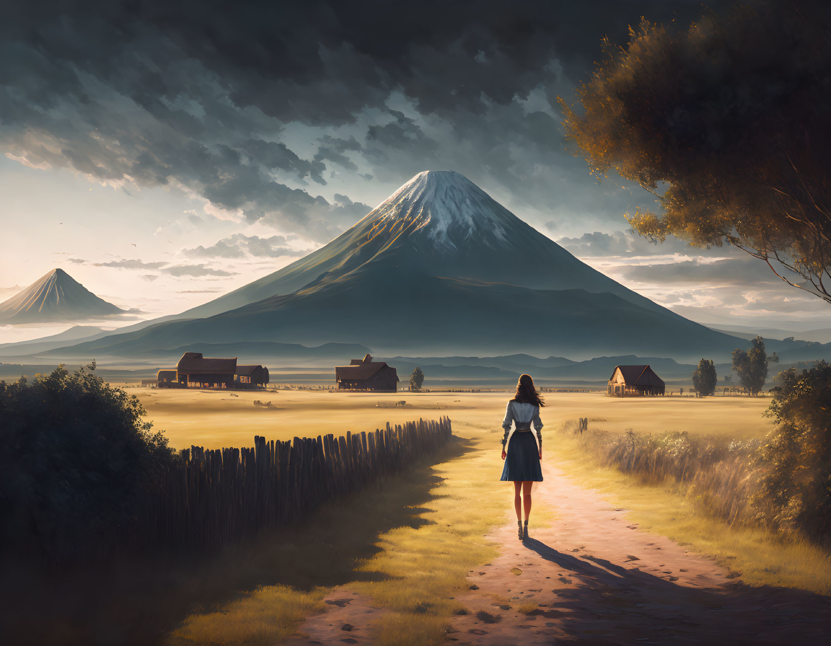 Woman on Path with Snow-Capped Mountains at Sunrise or Sunset