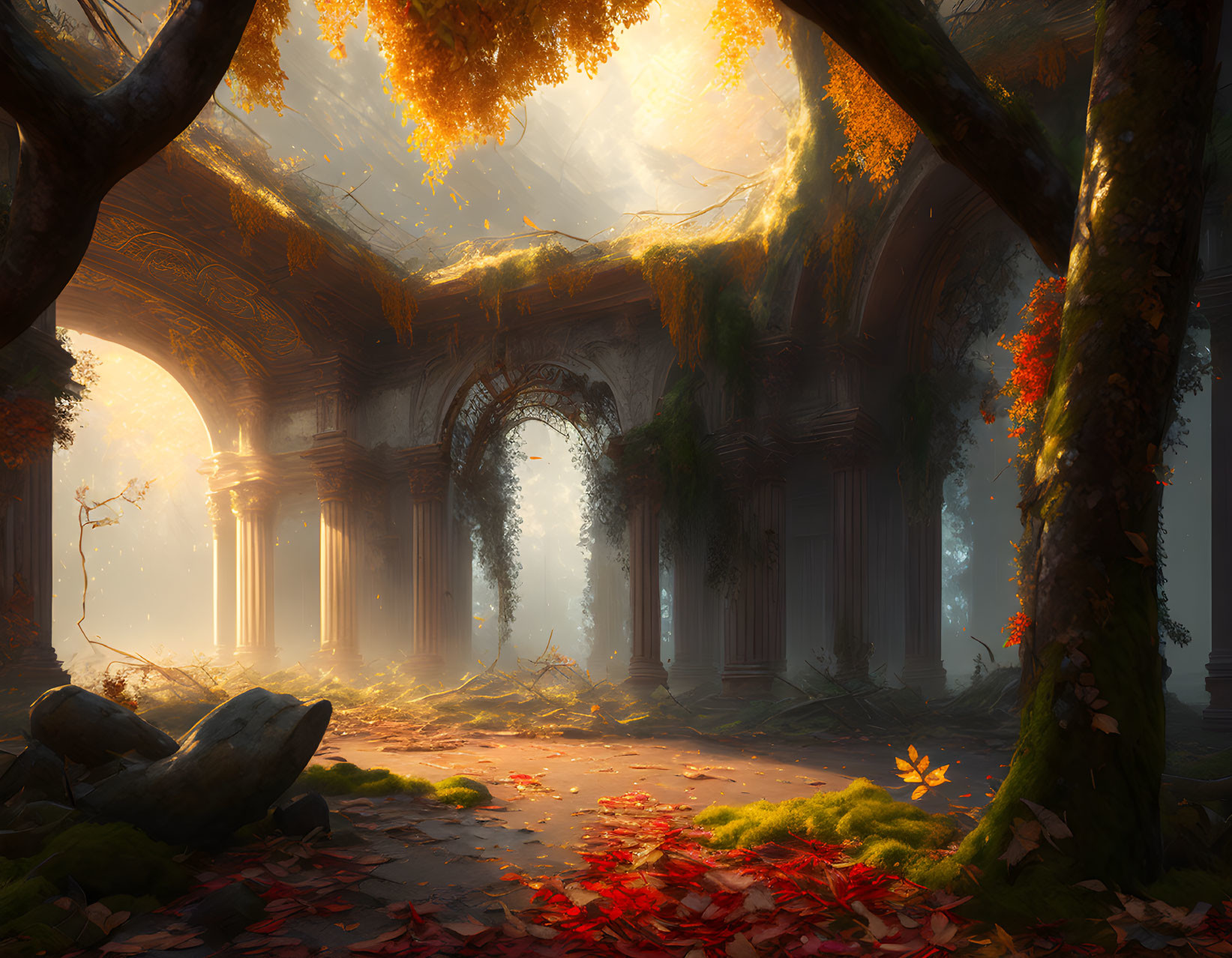 Autumnal forest scene with mystical stone archway and fallen leaves