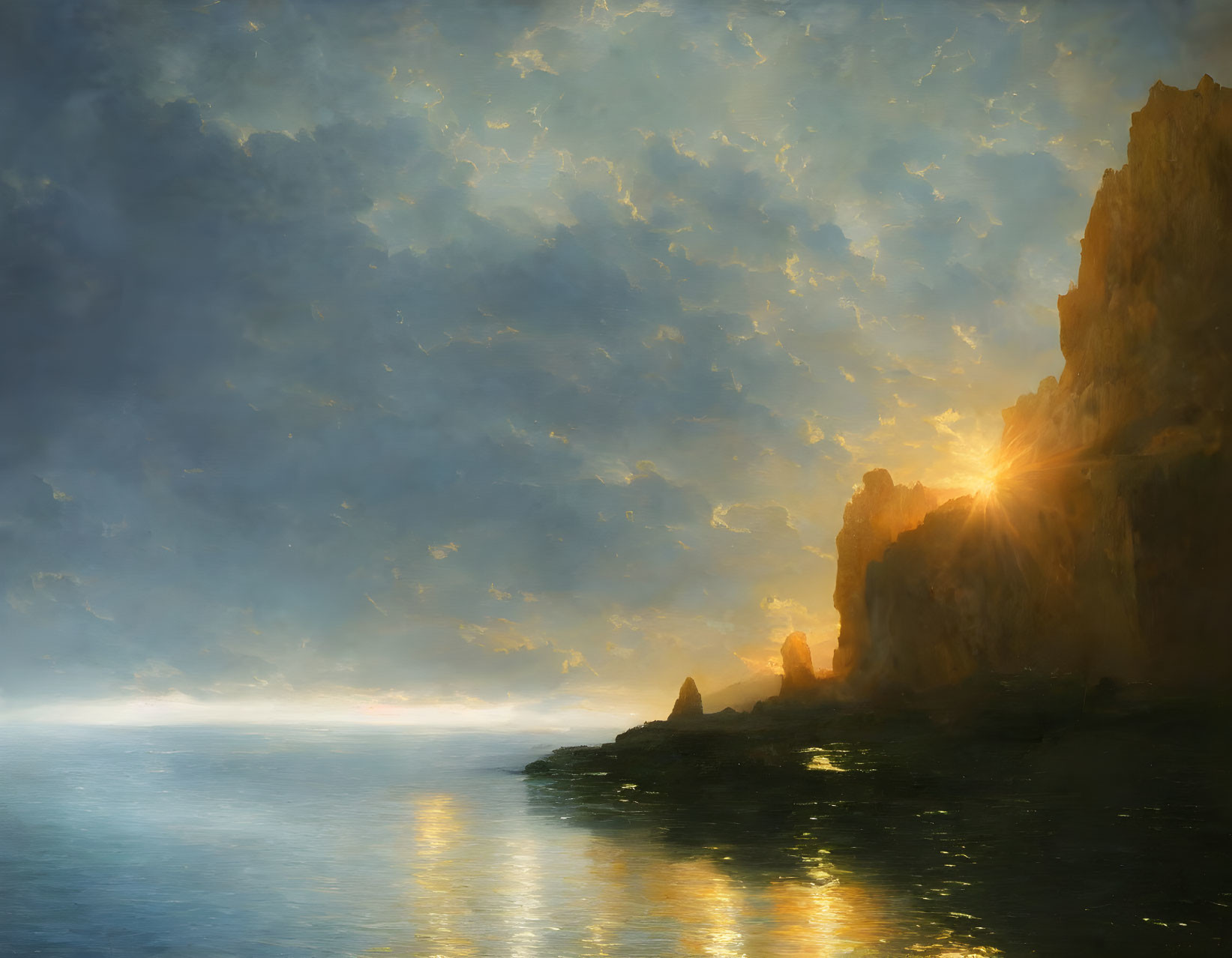 Golden sunlight illuminating dramatic seascape cliffs and tranquil waters