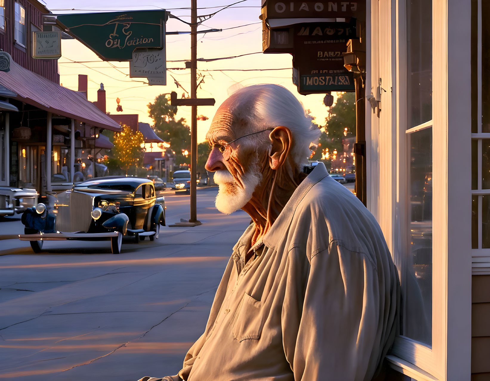 White-bearded elderly man in sunset glow on vintage street.