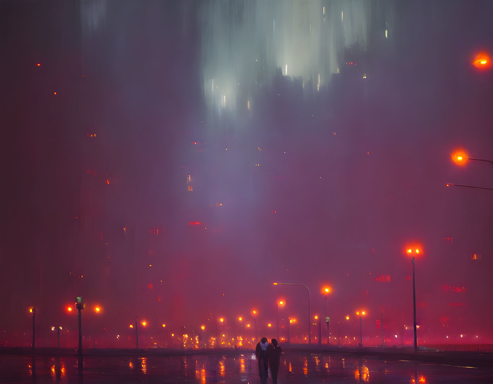 Couple walking on wet road at night under red streetlights in foggy urban setting