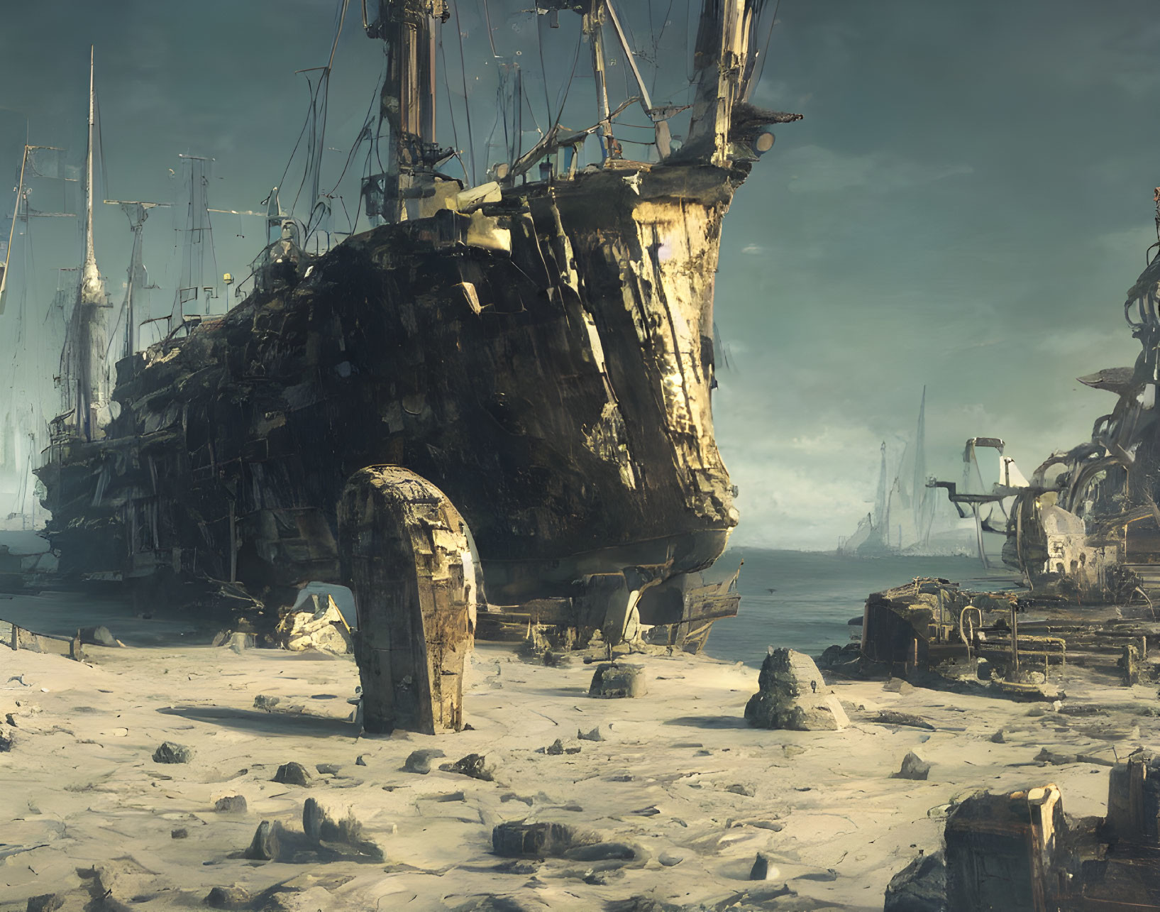 Abandoned ships and machinery in sandy post-apocalyptic scene