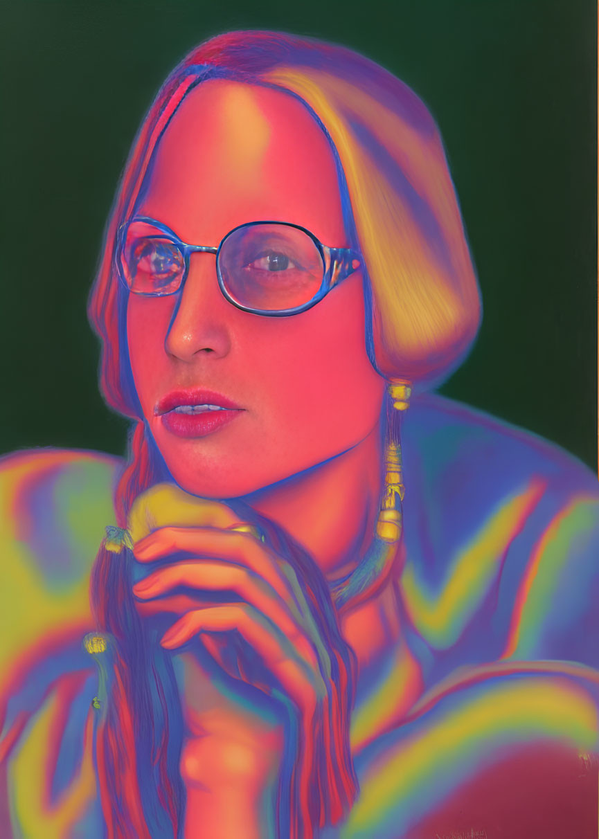 Vibrant neon colored stylized portrait of a person with glasses