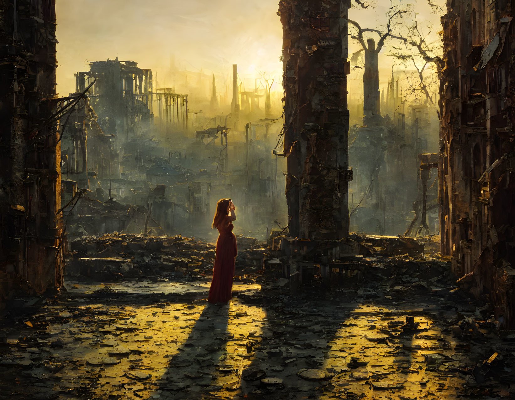 Woman in red dress in ruined city at sunset