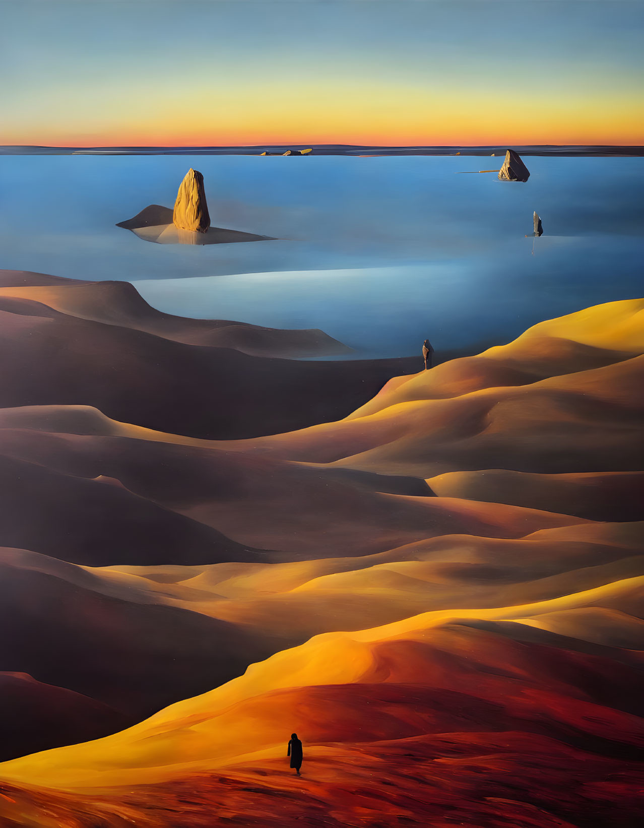 Vibrant surreal landscape with sand dunes, water, and rock formations