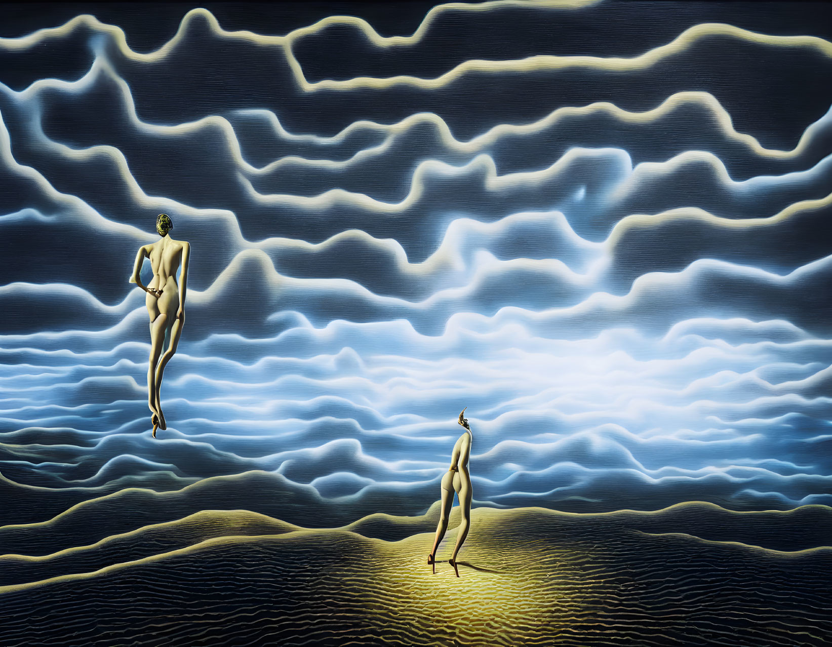 Surreal landscape with floating human figures in wavy cloud formations