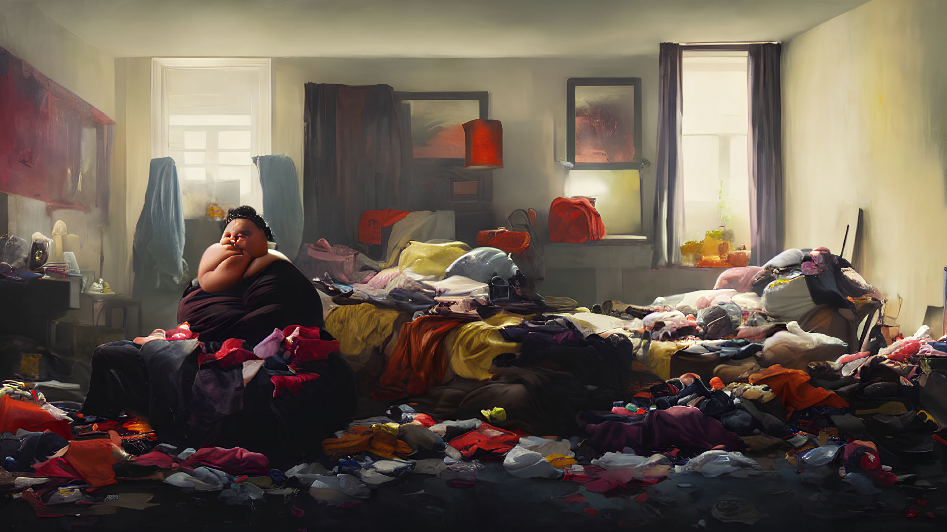 Contemplative person surrounded by colorful clutter in dimly-lit room