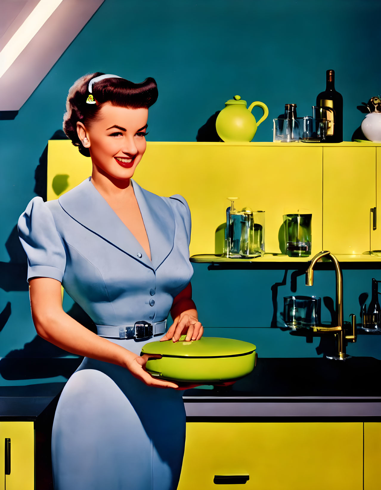 Smiling woman in vintage blue dress in retro kitchen with green pot