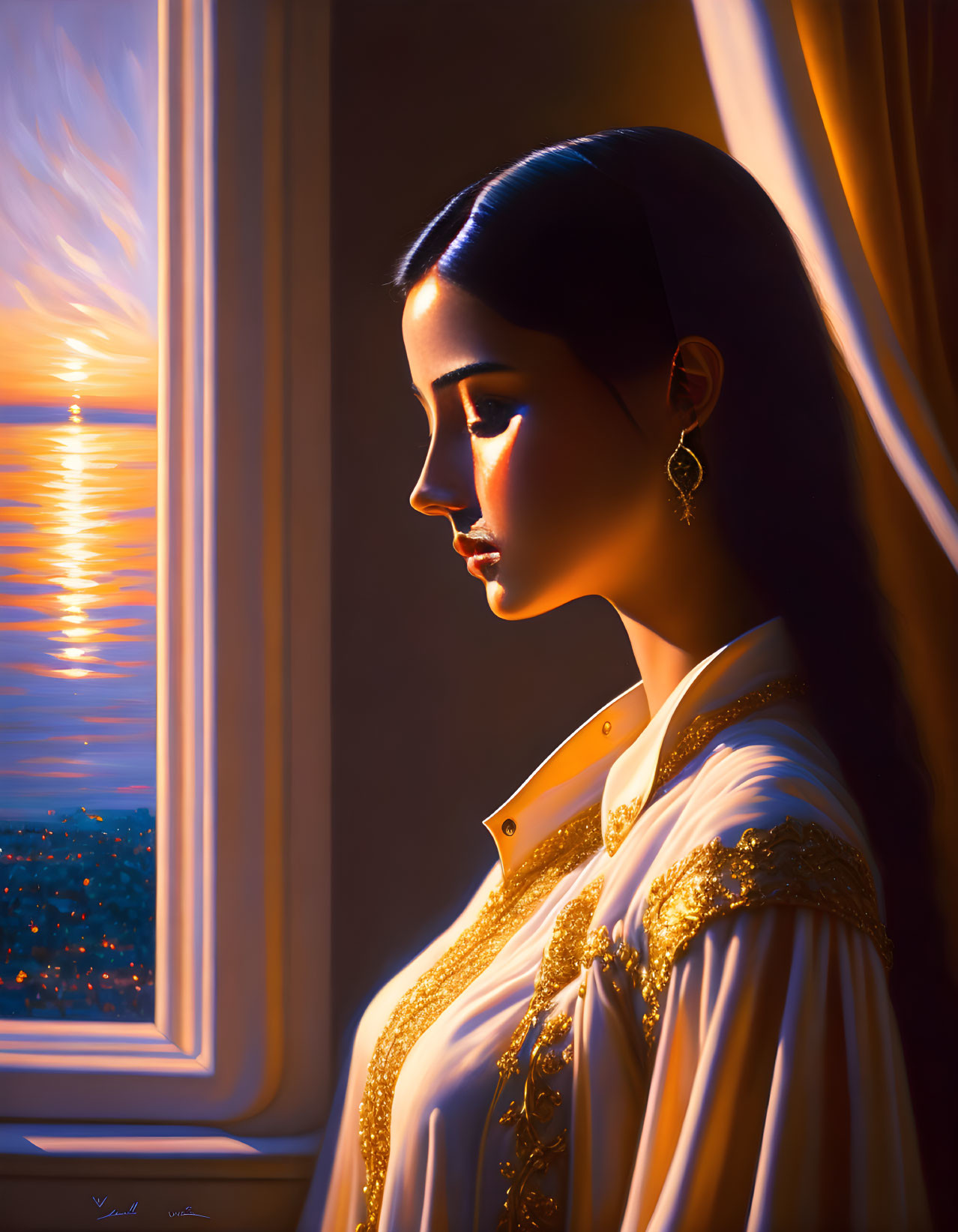 Woman in Gold-Embellished Outfit Watching Sunset Cityscape