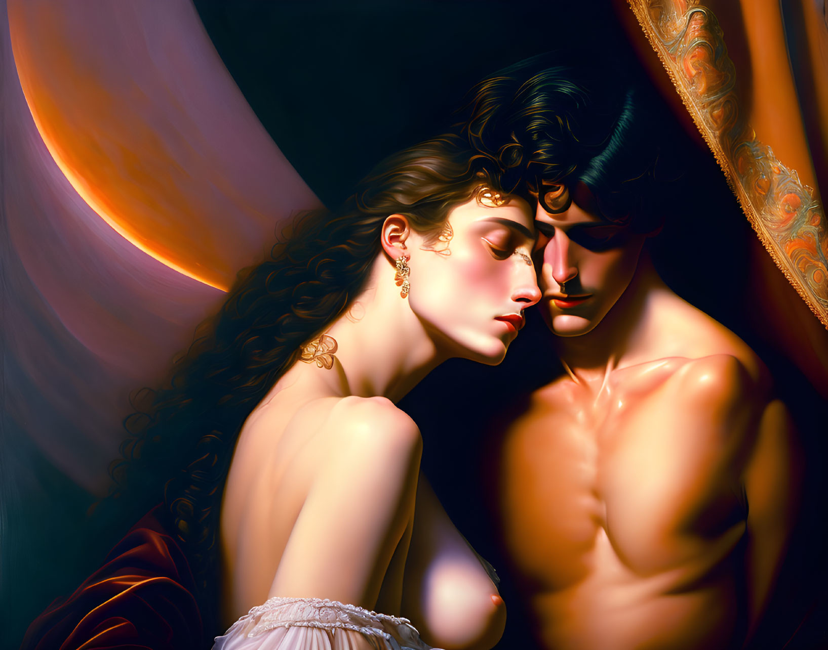 Intimate moment between man and woman in soft lighting