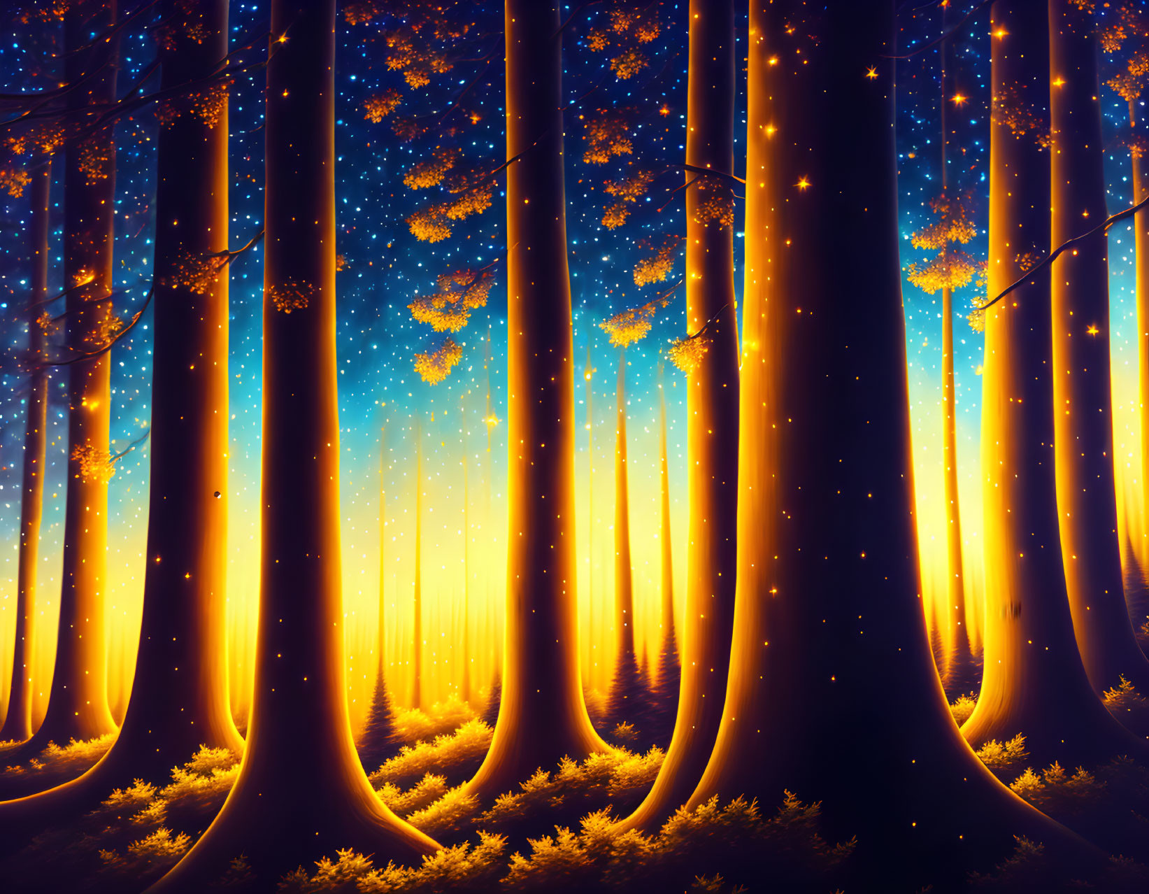 Mystical forest with towering trees under star-studded sky