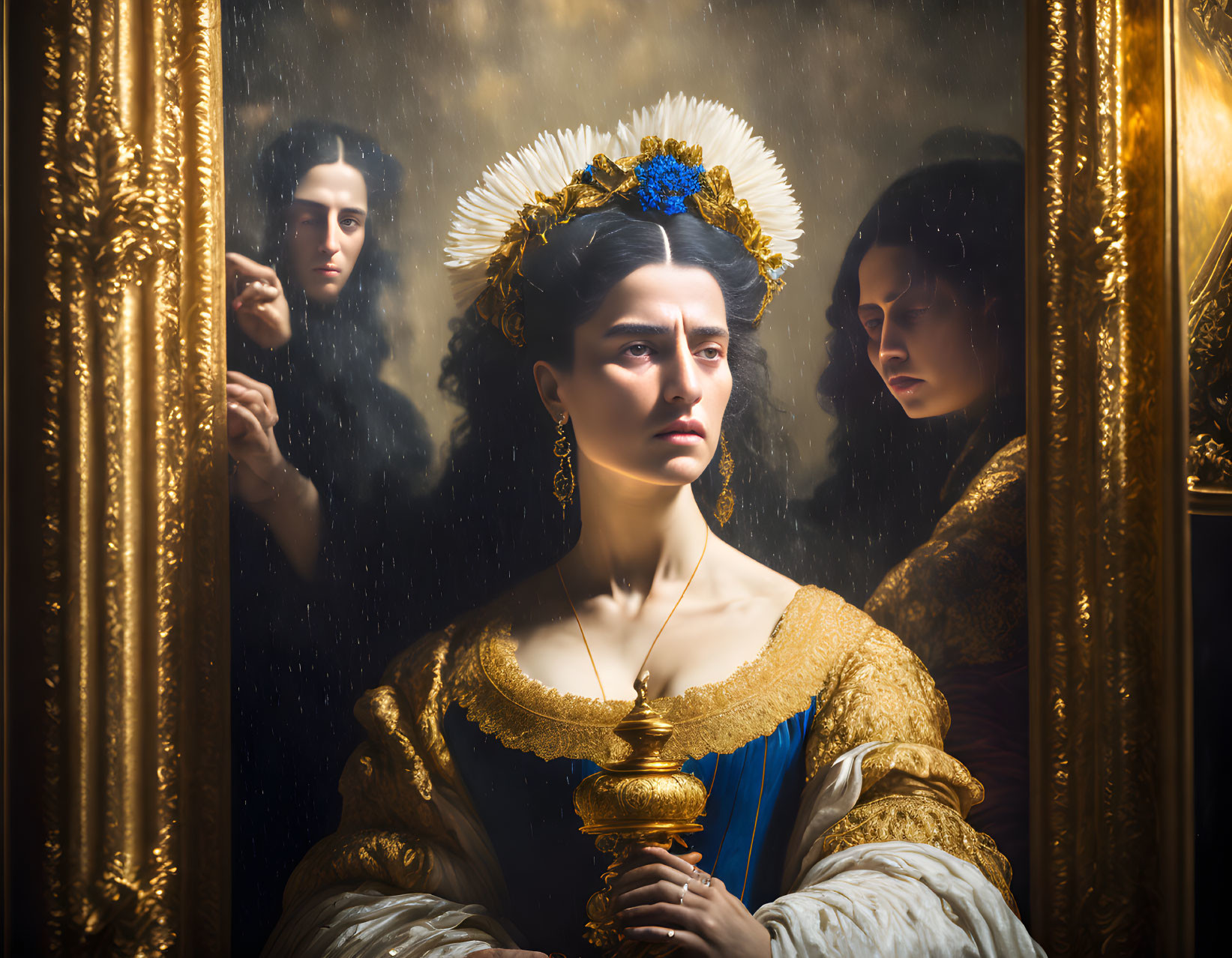 Historical woman in Renaissance attire with headdress and two figures in golden frame