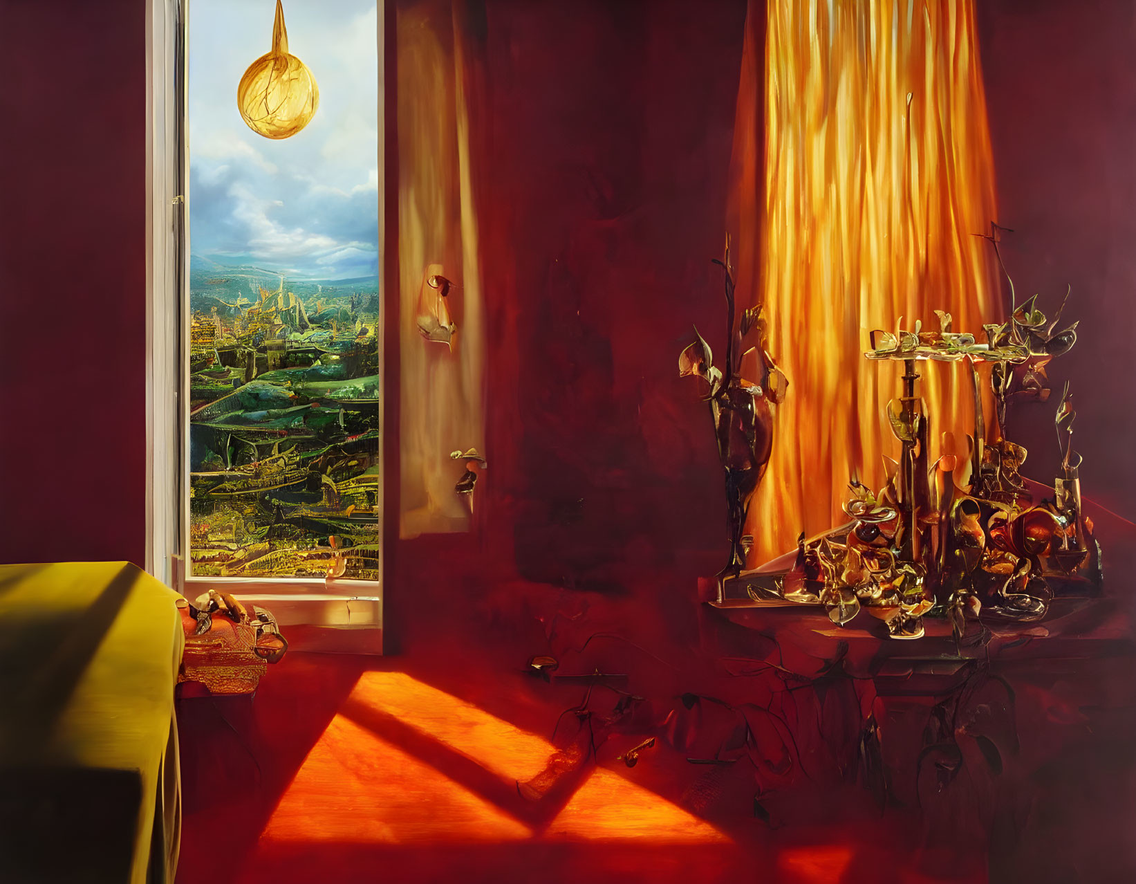 Vibrant room with red walls, large window, golden drapes, table, pendant light