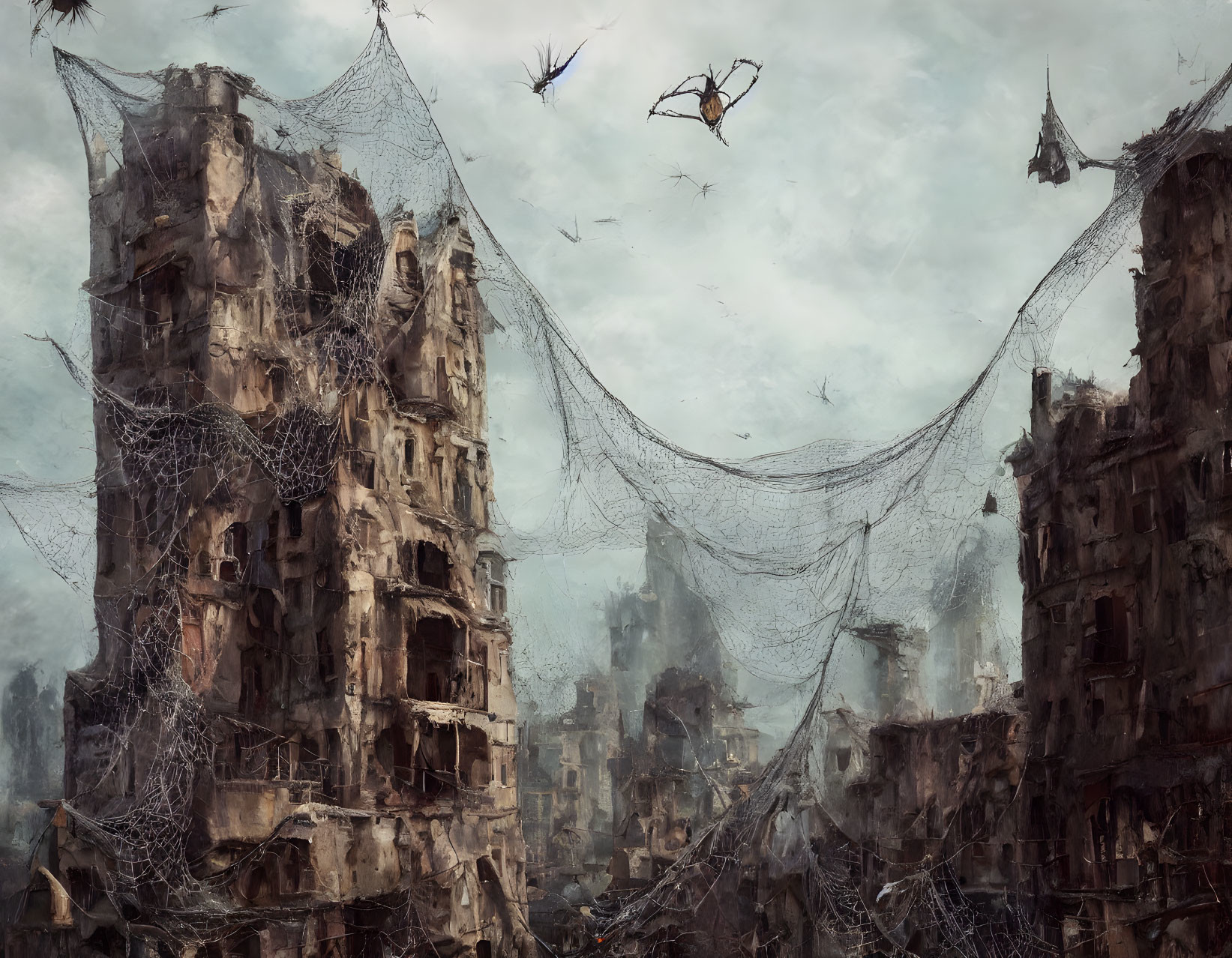 Desolate cityscape with ruined buildings, cobwebs, and eerie flying creatures