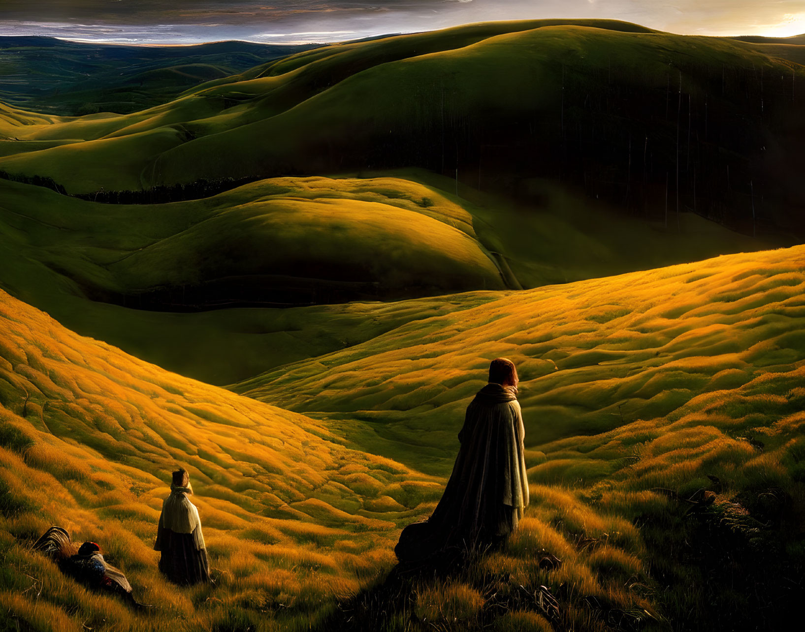 Sunset landscape with rolling hills, figures in cloaks, and soft sunlight rays