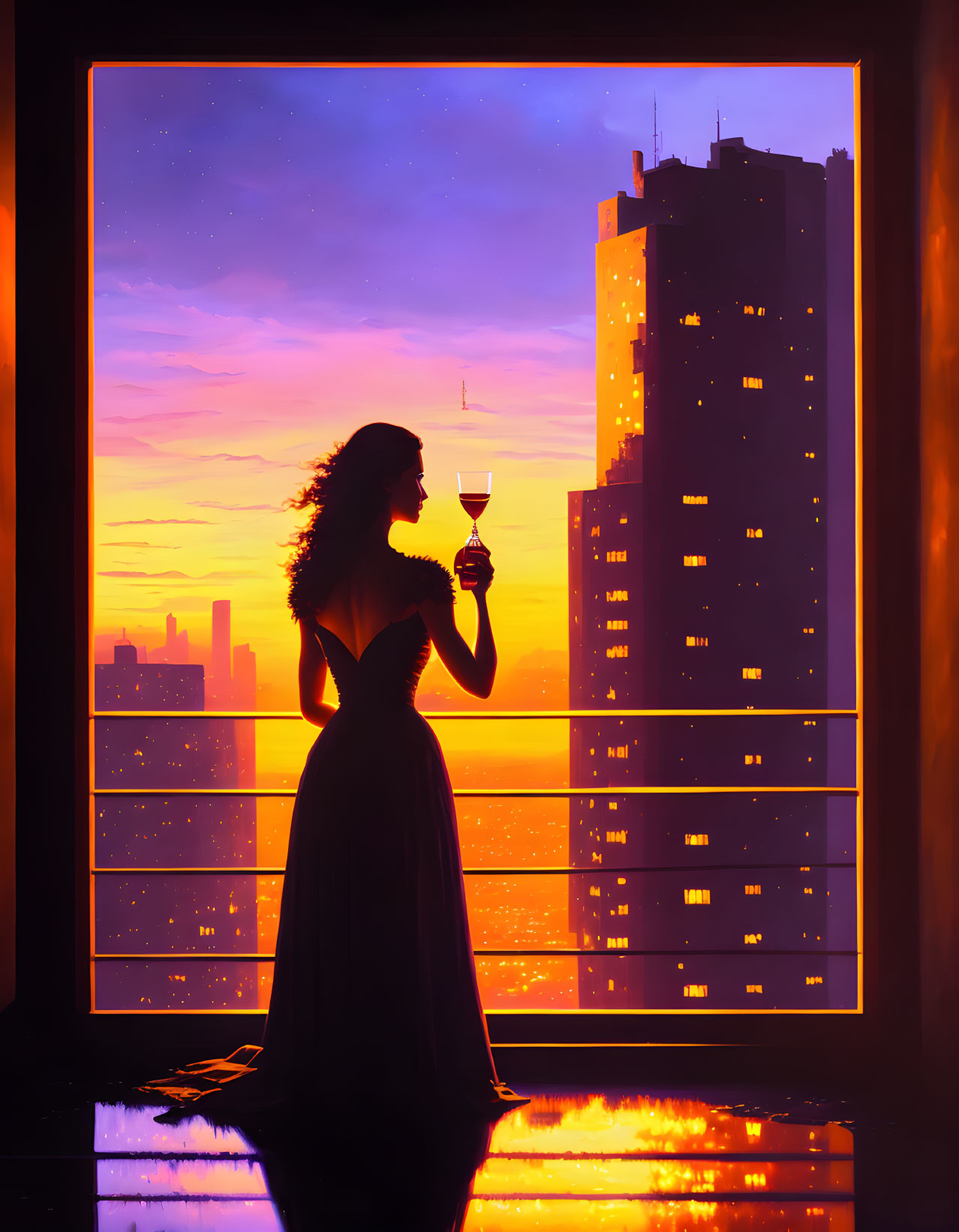 Silhouette of woman with drink by sunset cityscape view