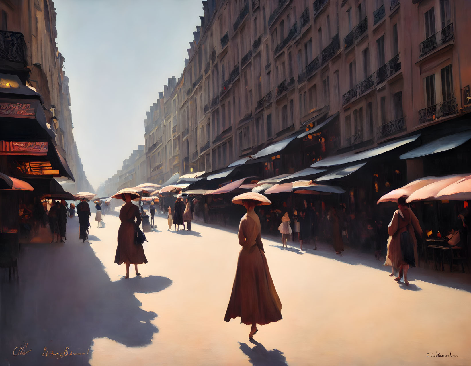 Busy street with people, umbrellas, and European buildings.