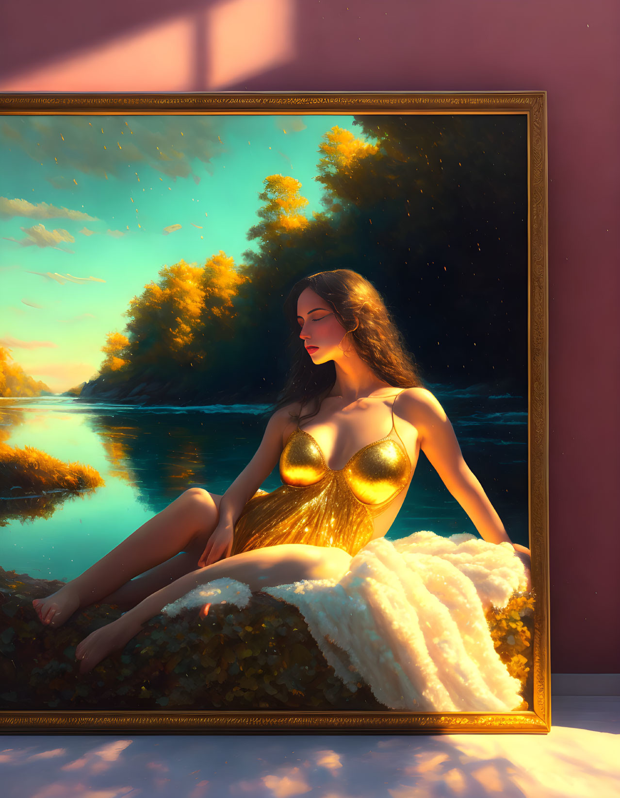 Golden dress woman by serene lake at sunset.