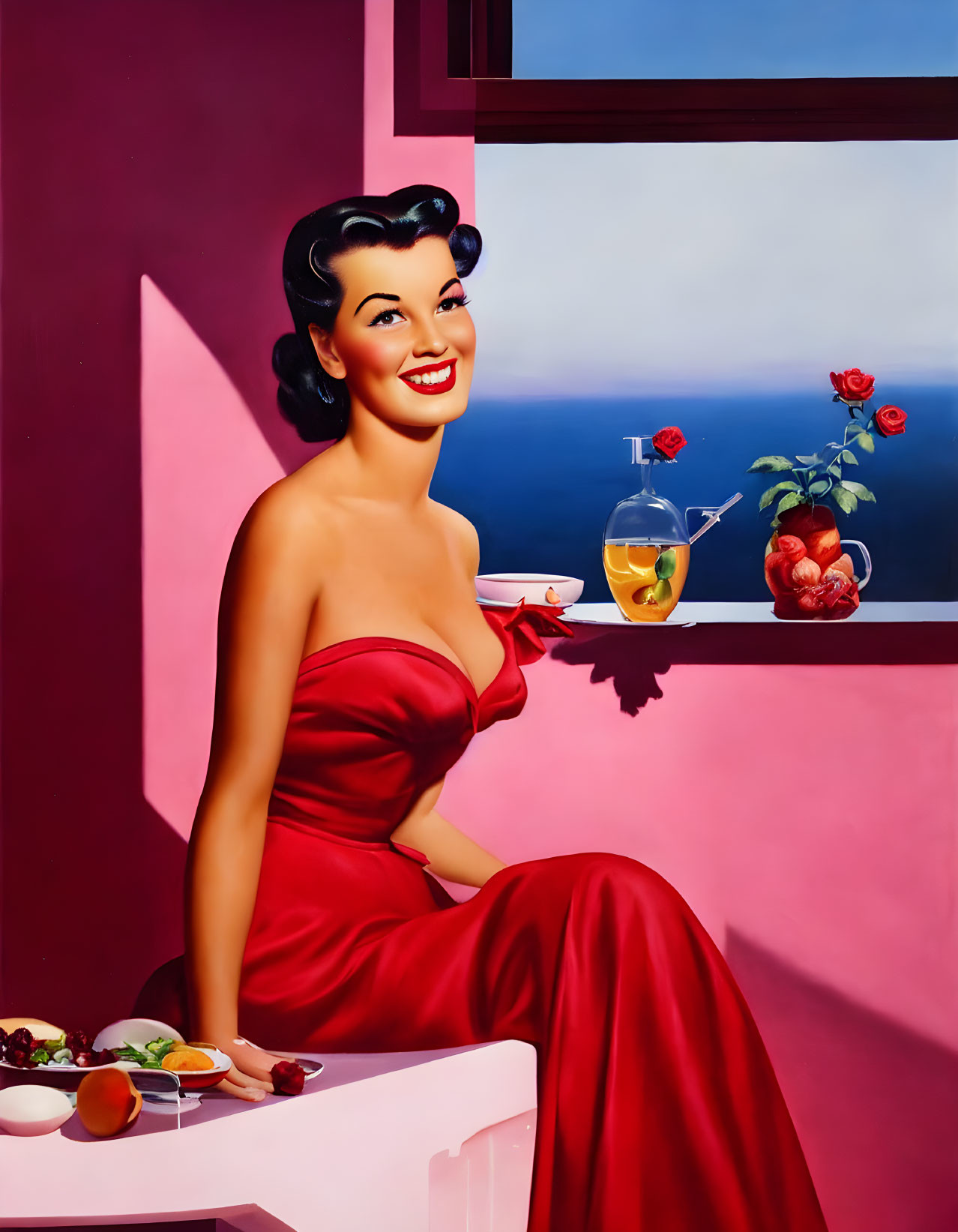 Vintage Style Illustration: Smiling Woman in Red Dress at Table with Fruit and Drink by Window with