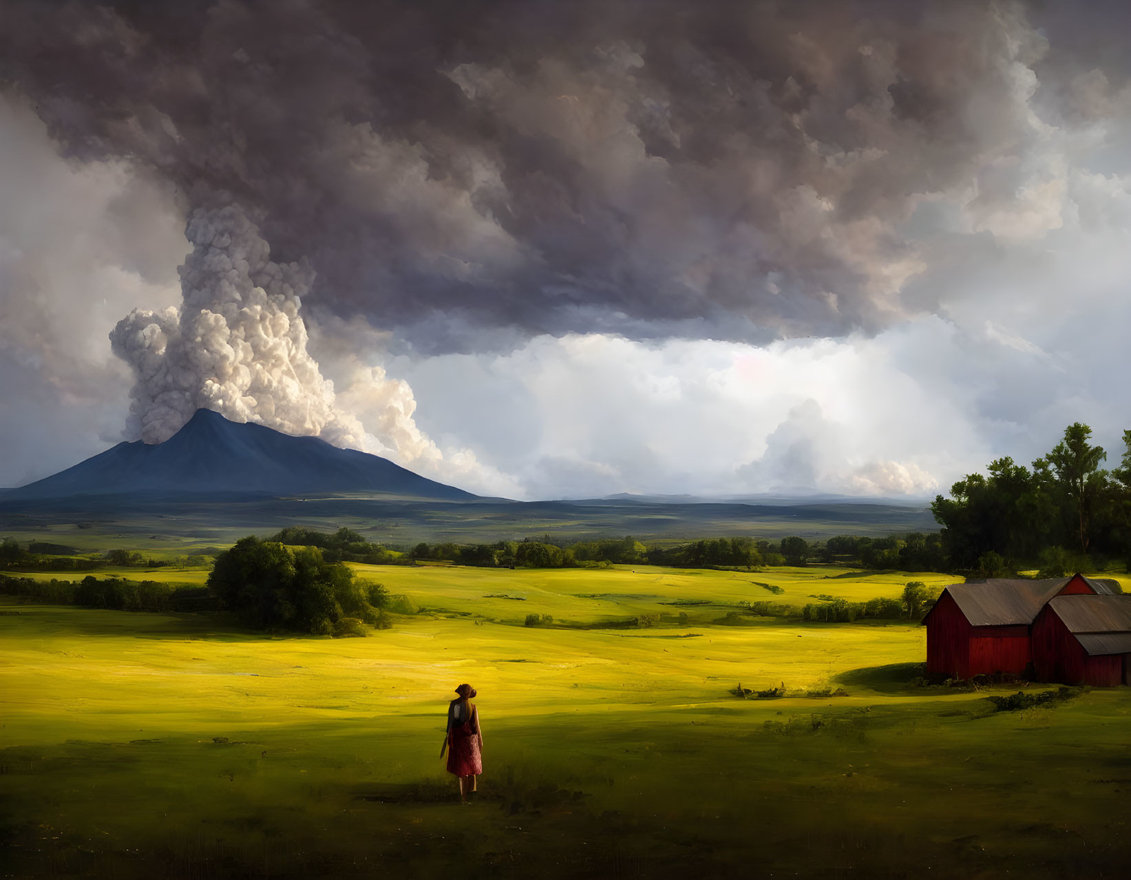 Person in red dress gazes at volcanic eruption in lush field