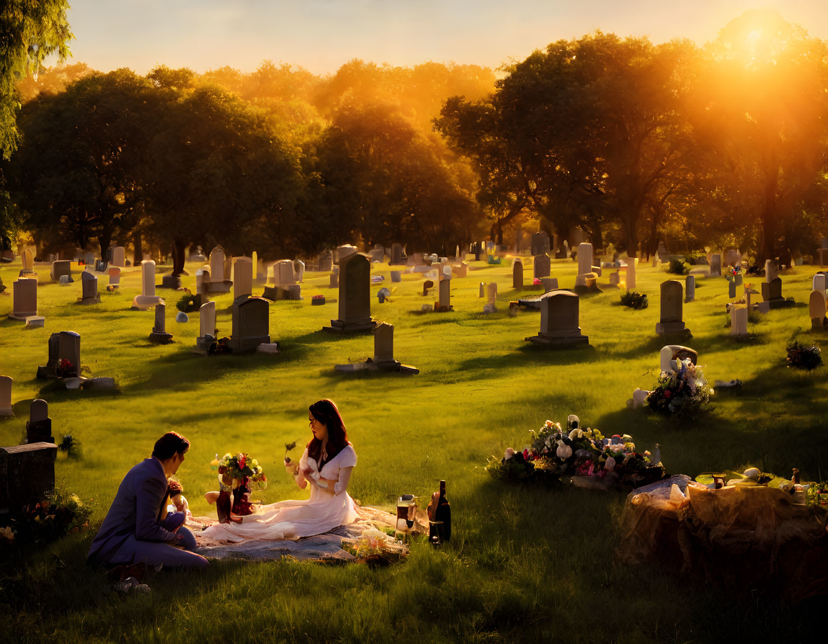 Couple Picnicking in Cemetery at Sunset