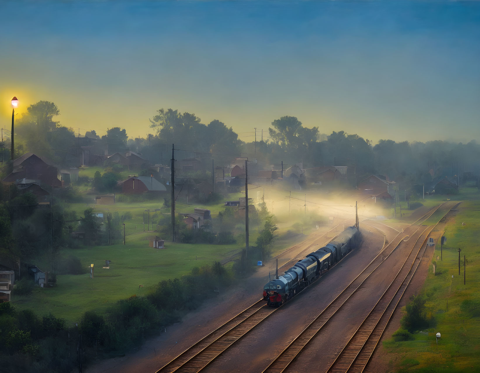 Misty town scene: freight train, houses, greenery, street lamp at dawn