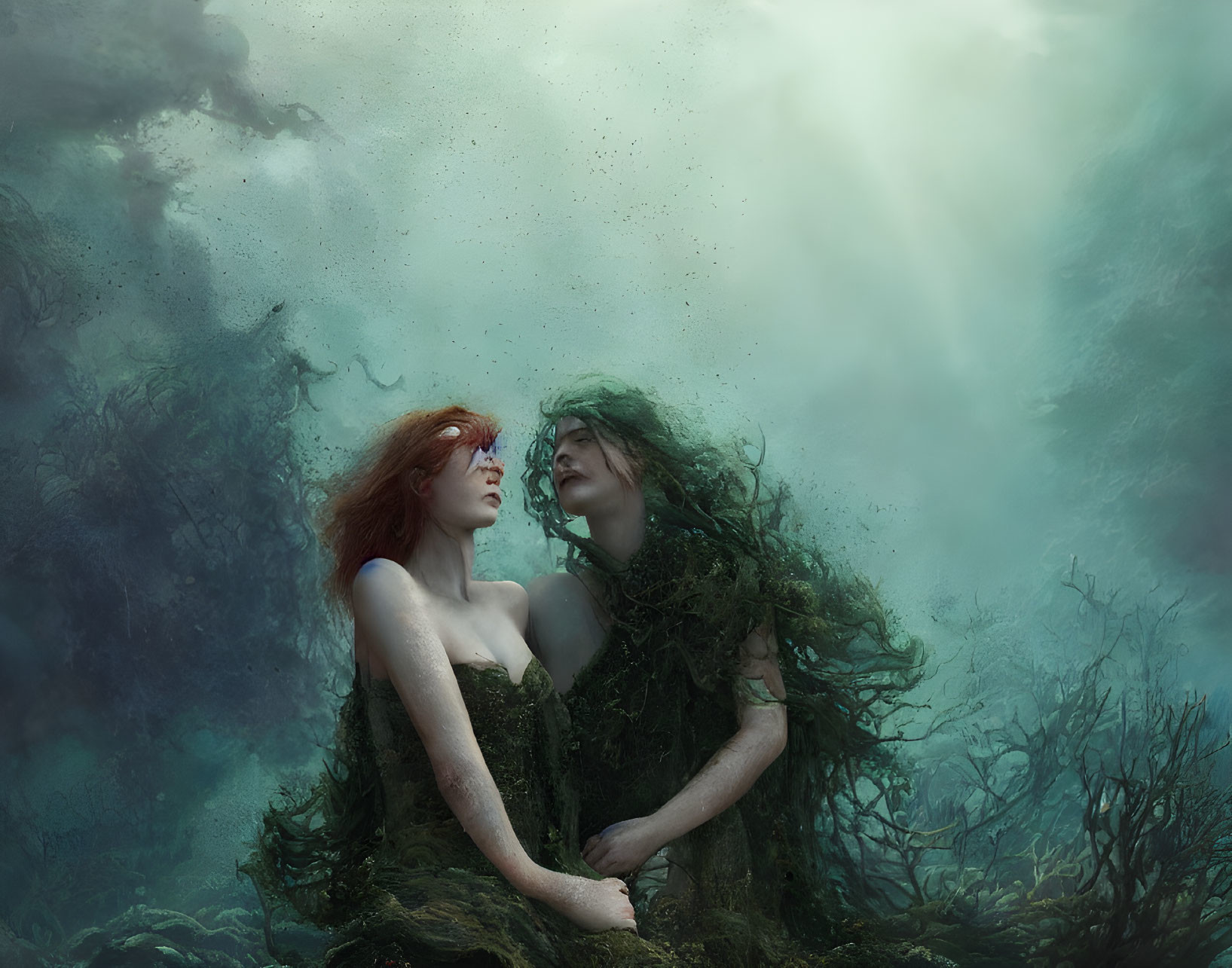 Ethereal figures with flowing hair in moss-like garments, bathed in mystical green light in forest