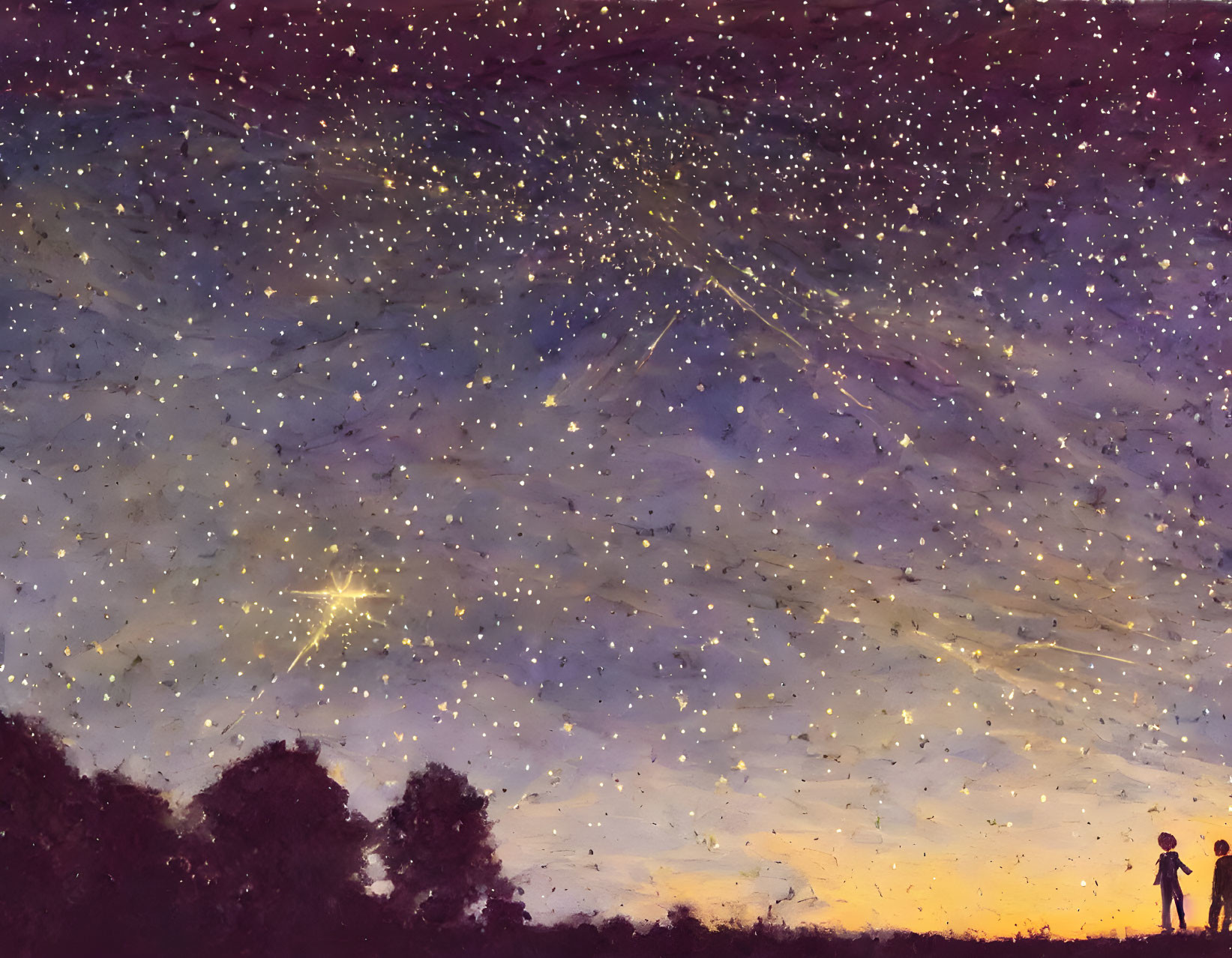 Starry Night Sky Painting with Silhouetted Figures