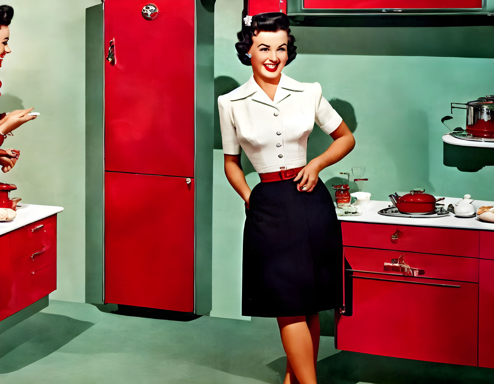 Vintage Image: Smiling Woman in White Blouse in Retro Kitchen