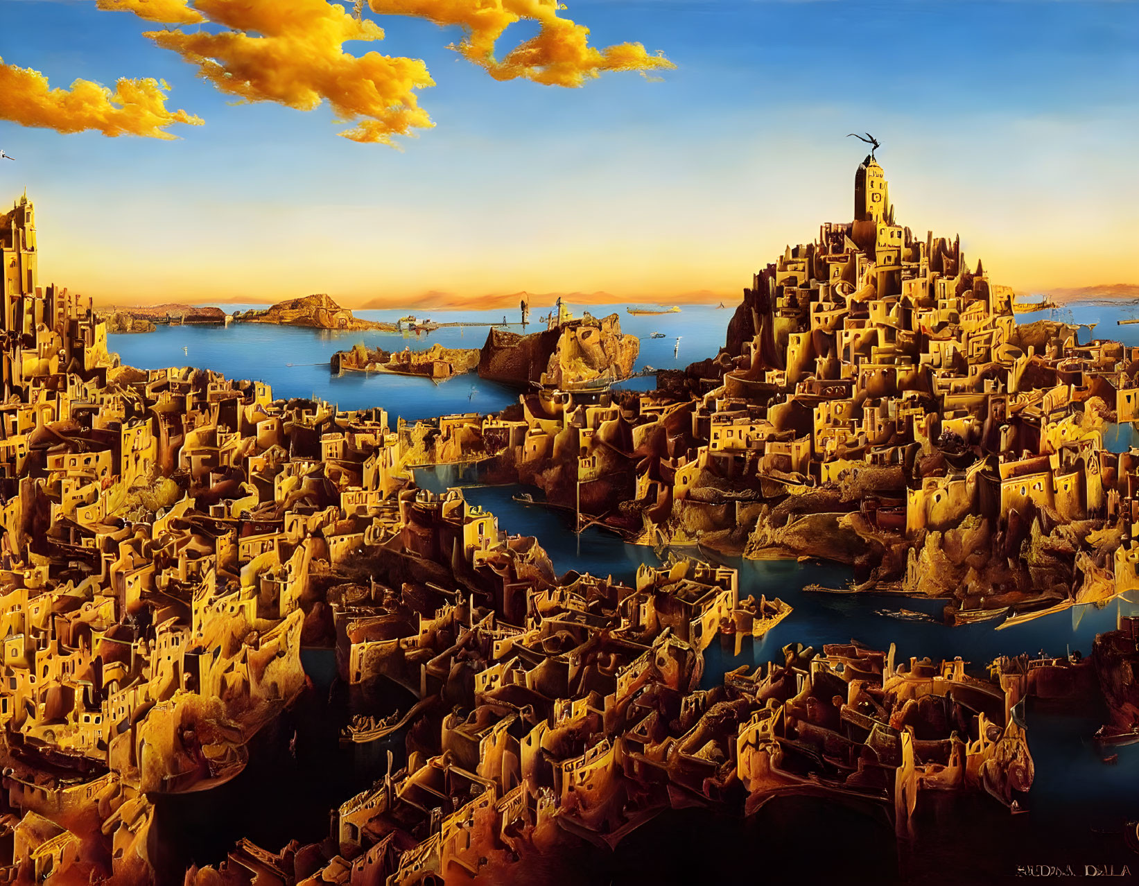 Surreal painting: Dense cityscape on island with serene sky