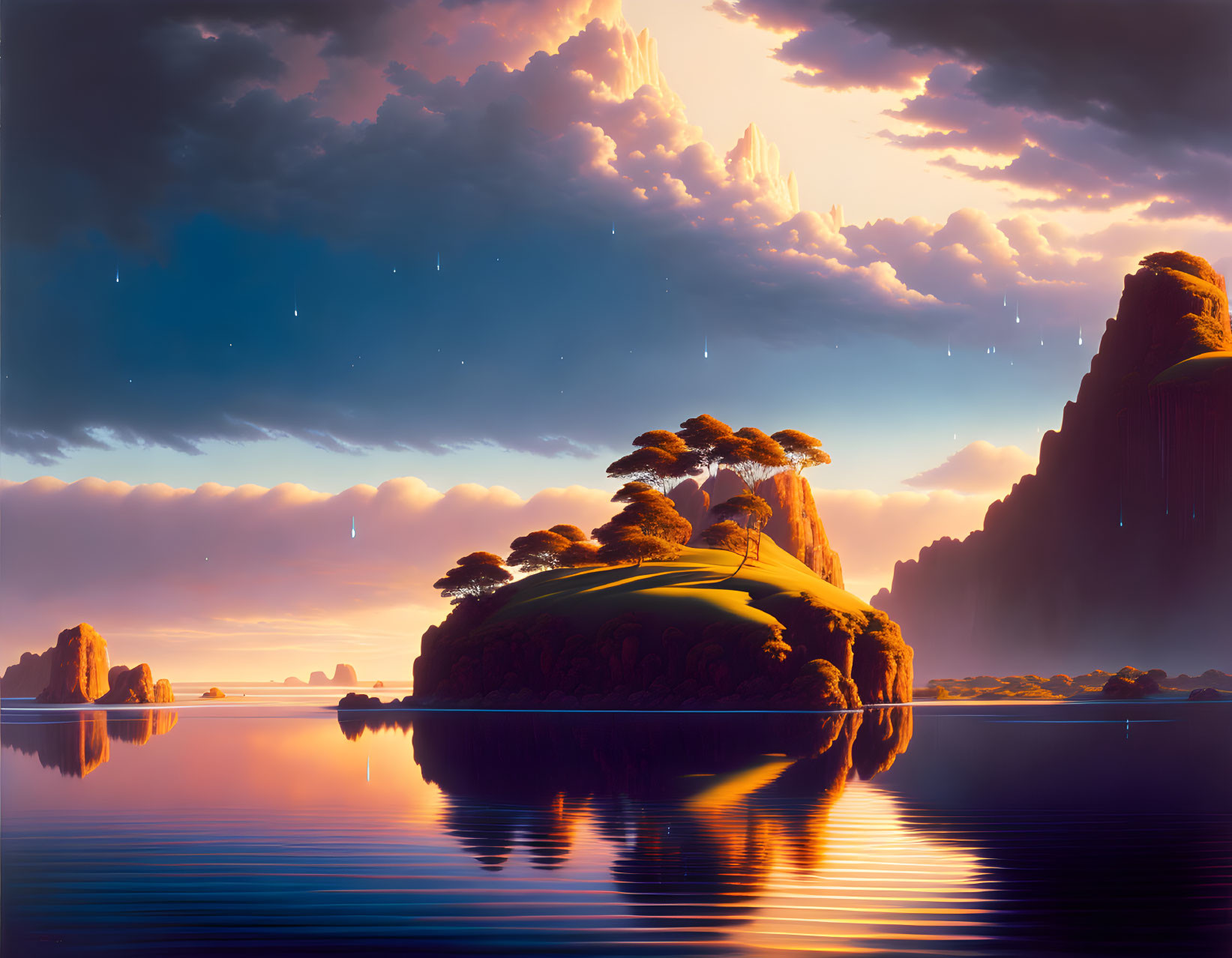 Fantasy landscape with towering rocks, tree-covered island, starry sky, calm water at sunset or