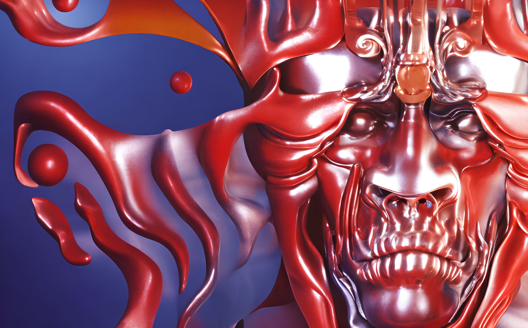 Metallic red lion face in abstract 3D art with fluid shapes and orbs on blue background