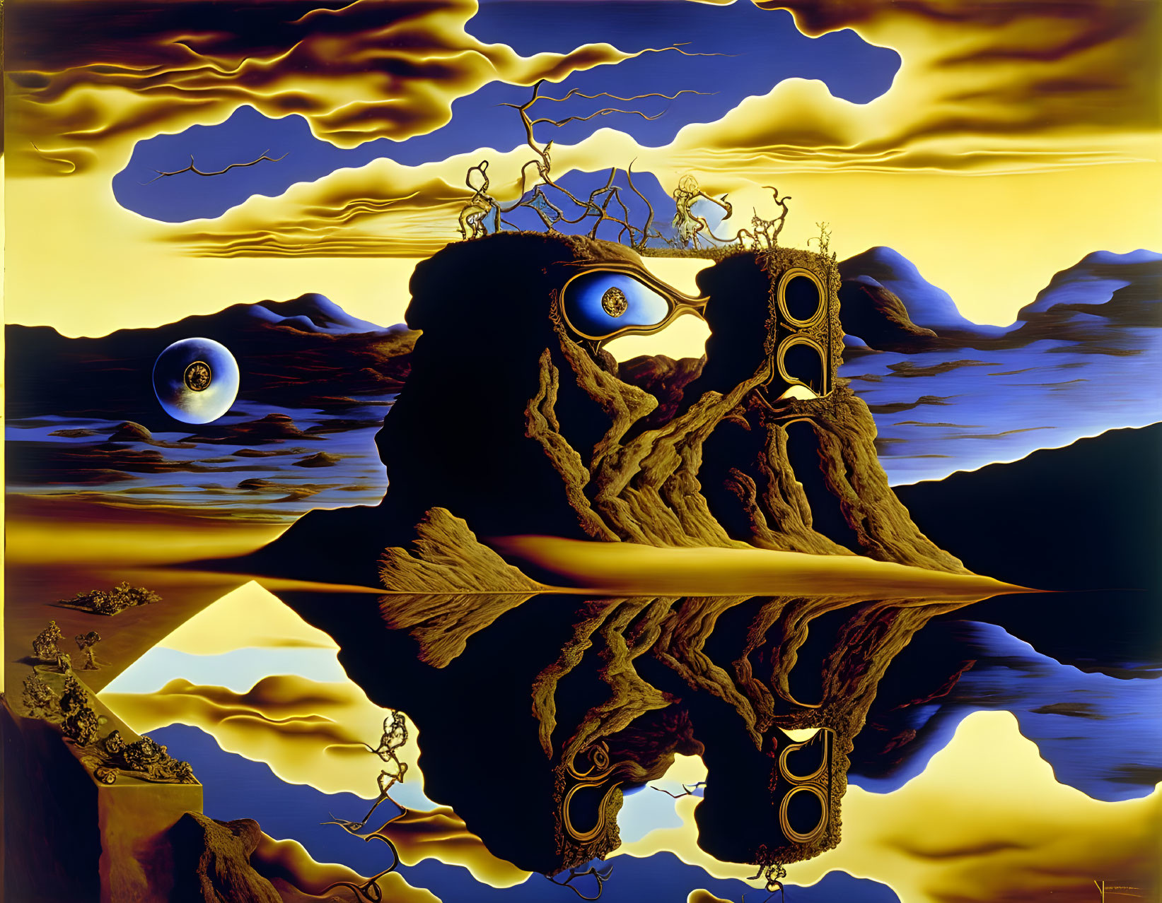 Surreal landscape with eye-shaped island, reflective water, floating eye, and golden skies