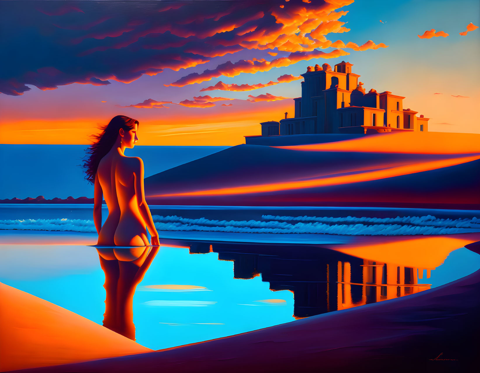 Woman by reflective water at sunset with vibrant sky and illuminated building.