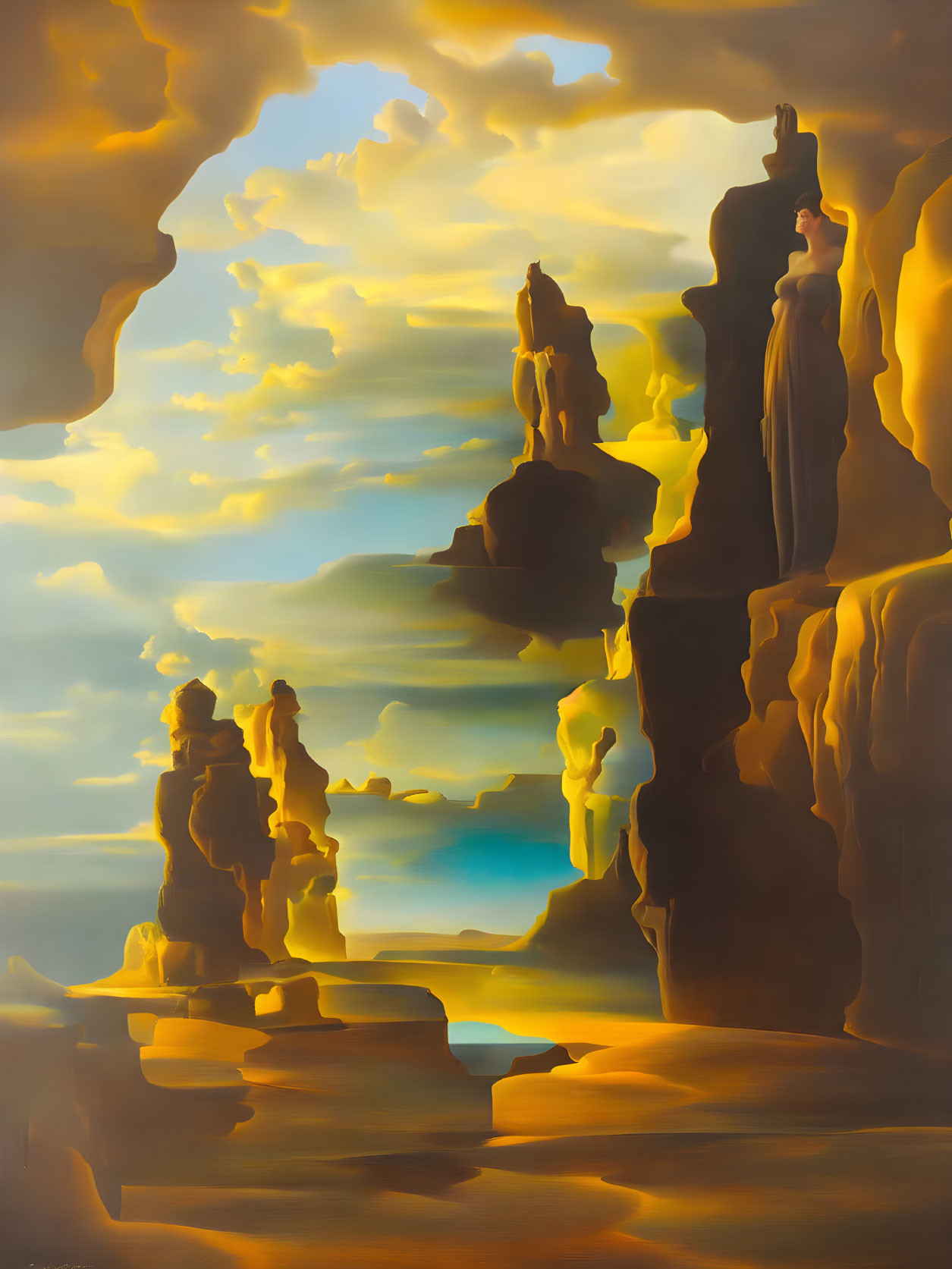 Surreal rock formations under golden sky with luminous clouds