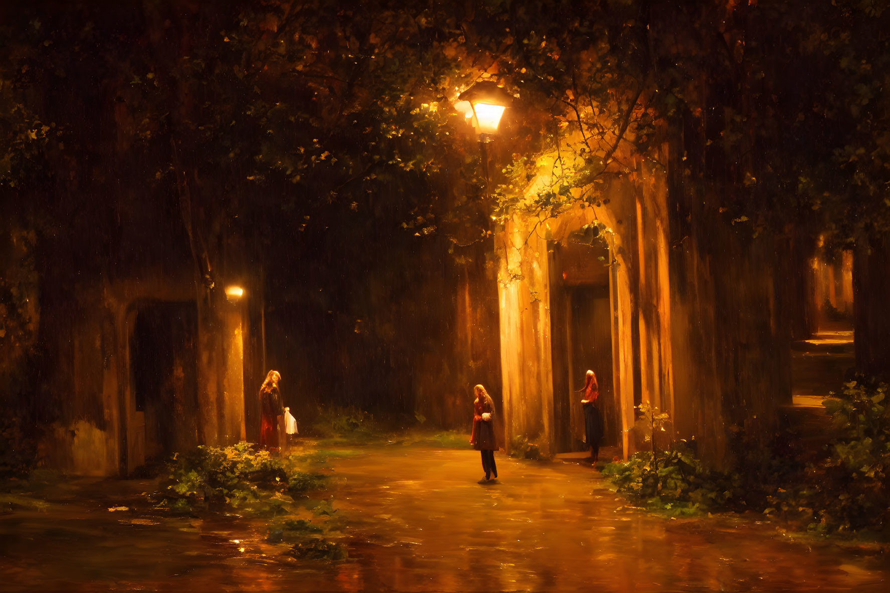 Ambient-lit night street scene with towering trees and people under streetlights