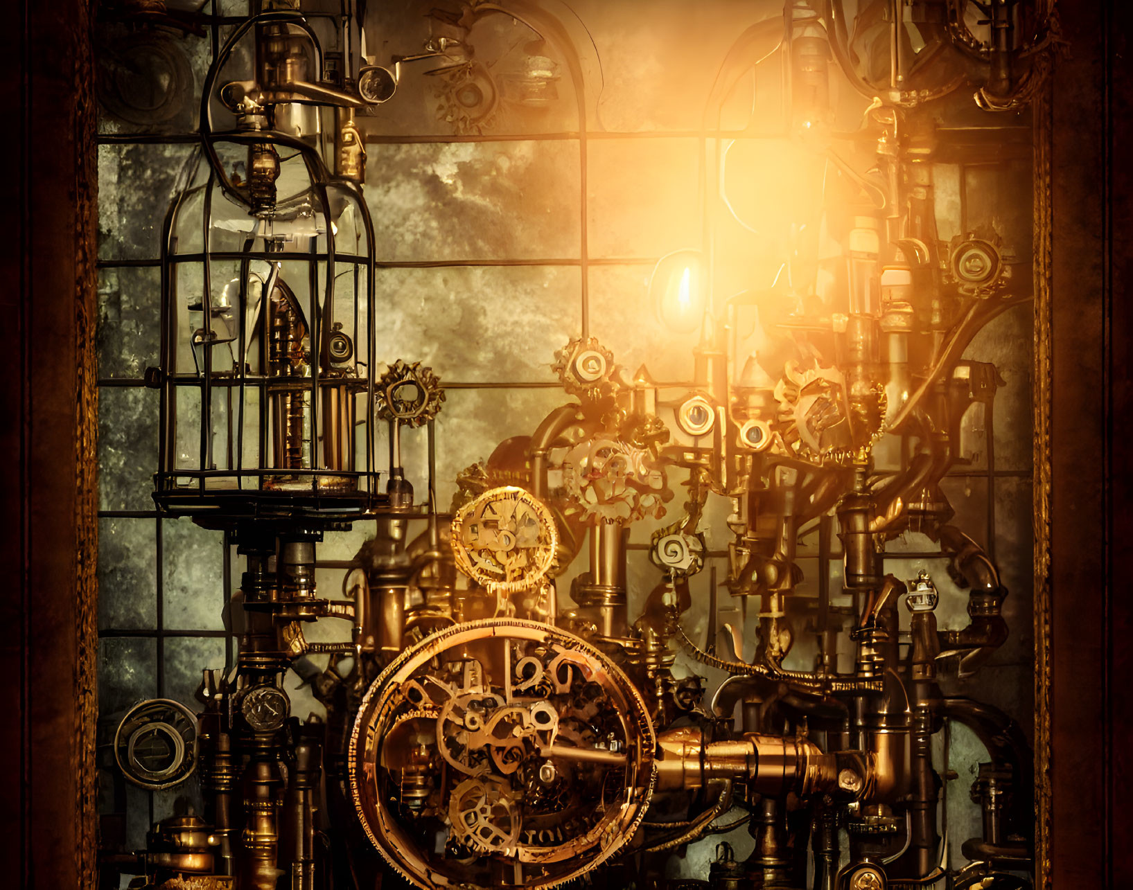 Steampunk background with gears, pipes, and birdcages on cloudy sky