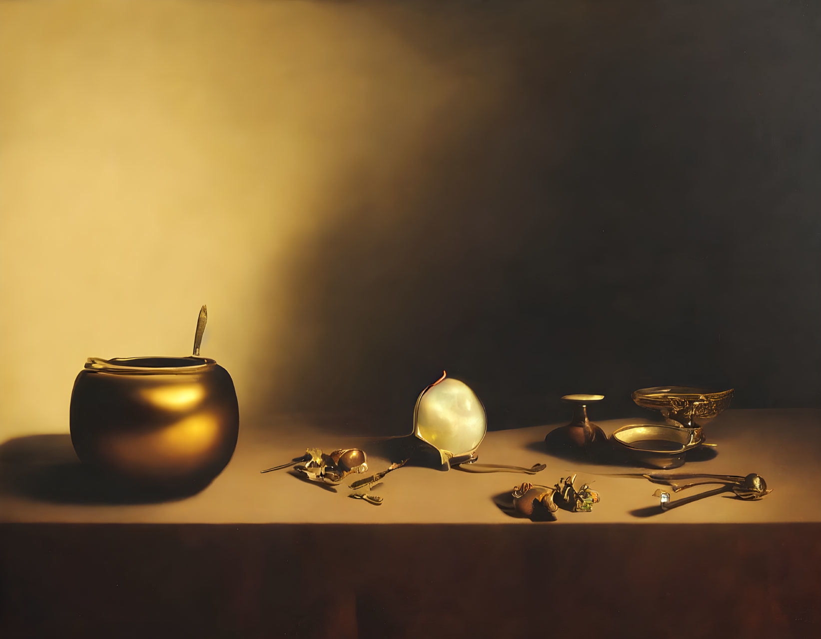 Golden pot, apple, nuts, scale in still life painting.