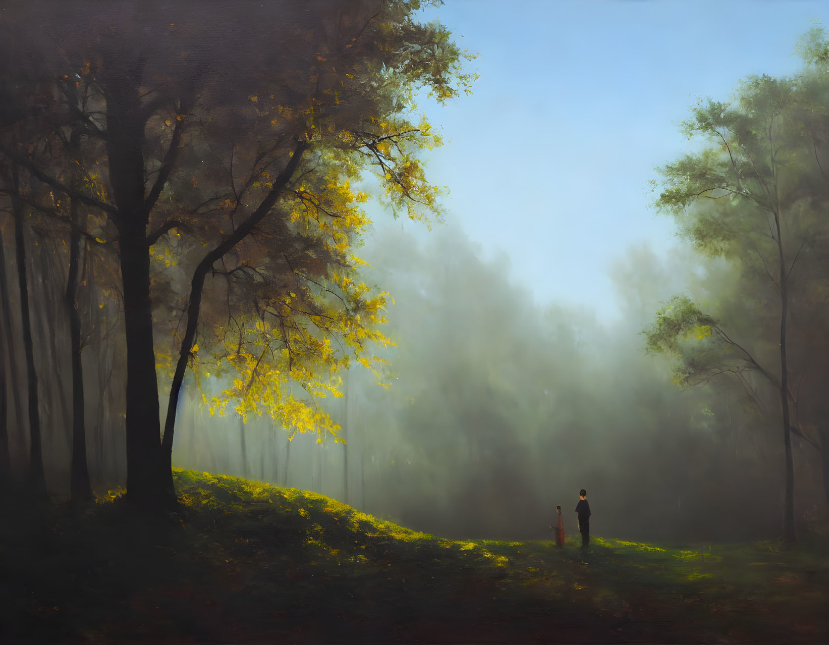 Tranquil forest landscape with two figures in misty sunlight