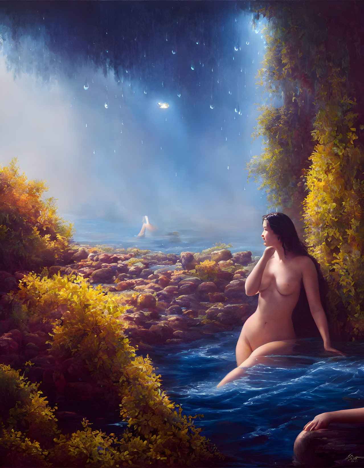 Woman bathing in sunlit water with waterfall and bird in lush setting