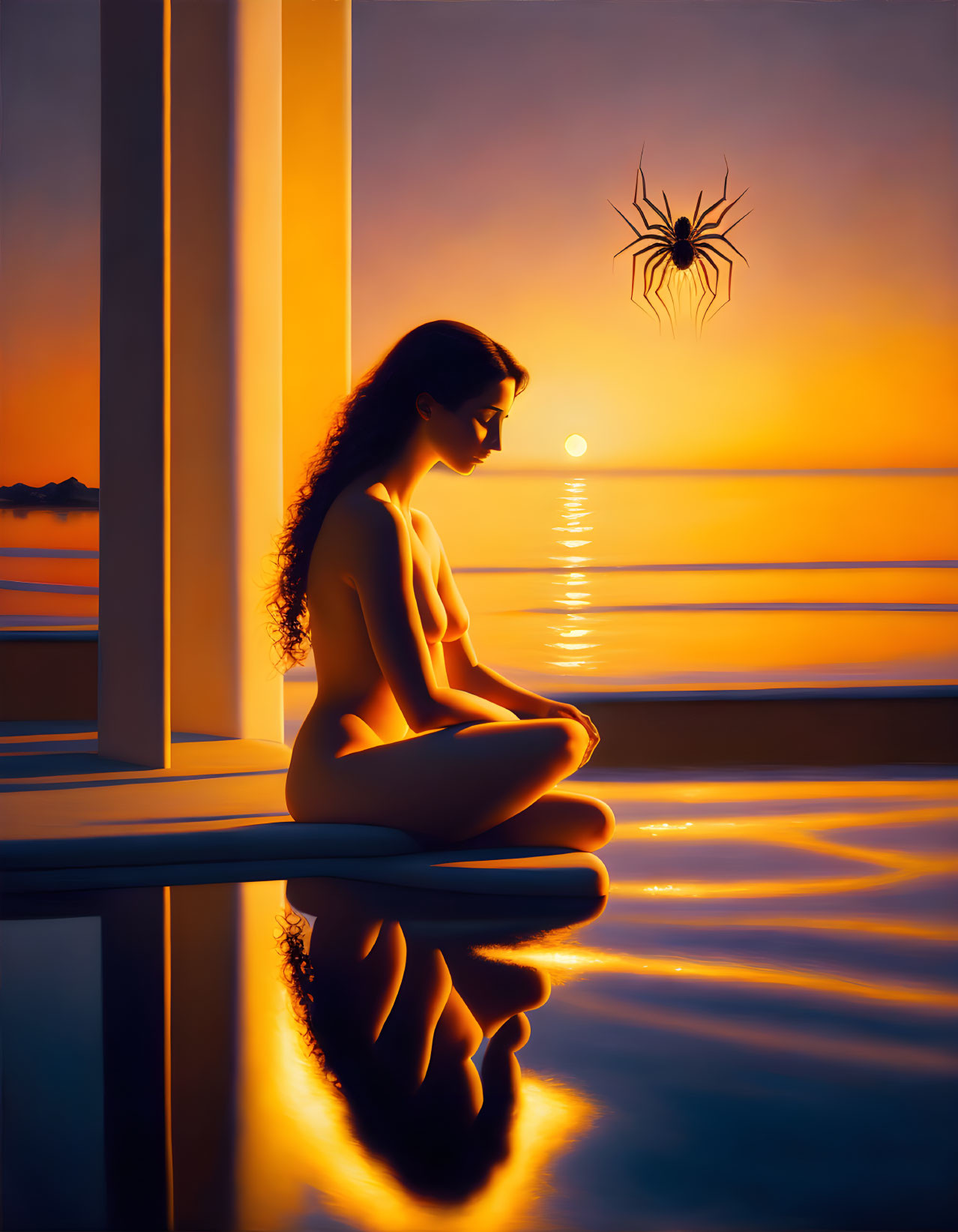 Nude woman by tranquil pool at sunset with descending spider