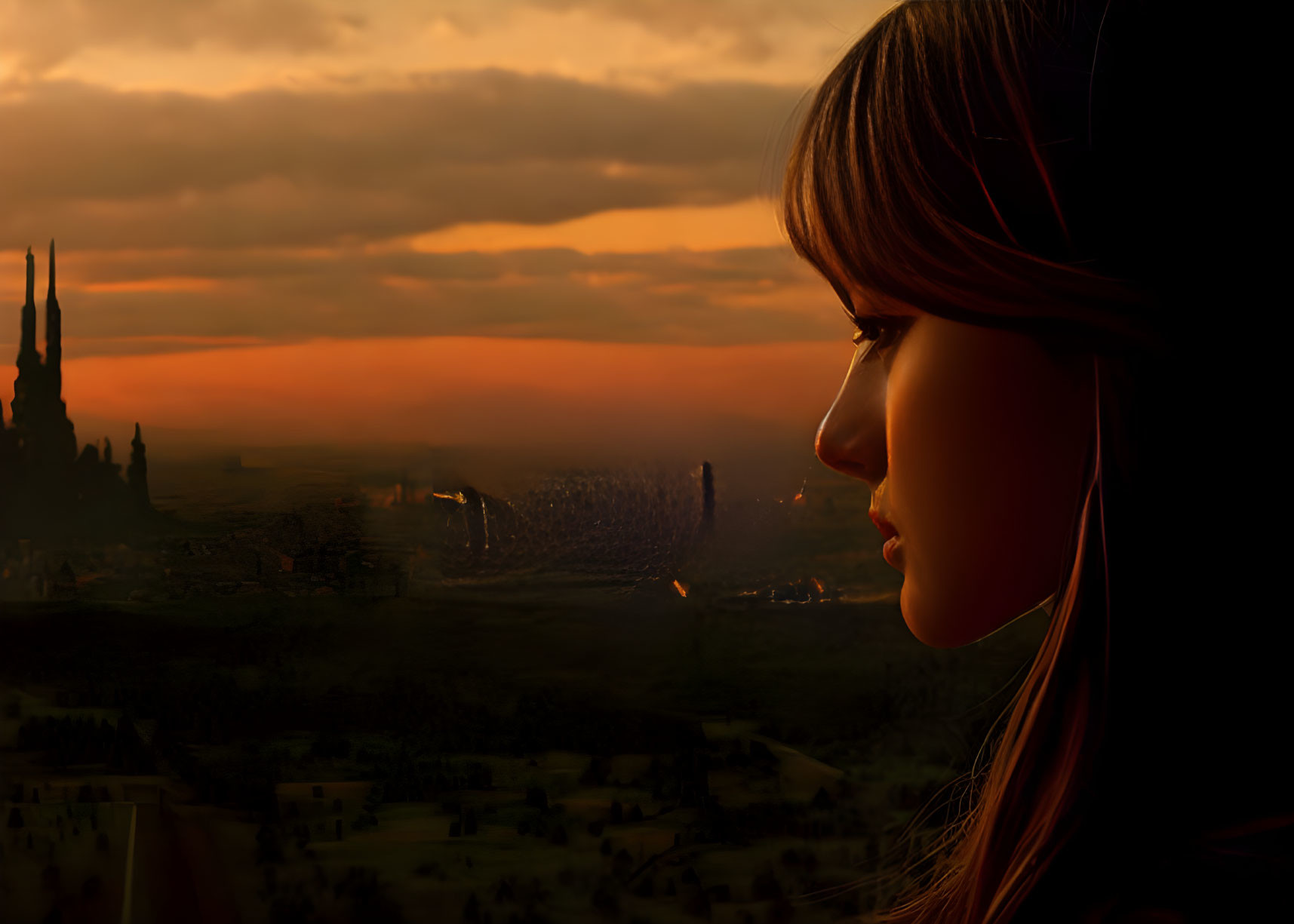 Profile View of Woman Against Sunset with Fantasy Landscape and Glowing City Lights