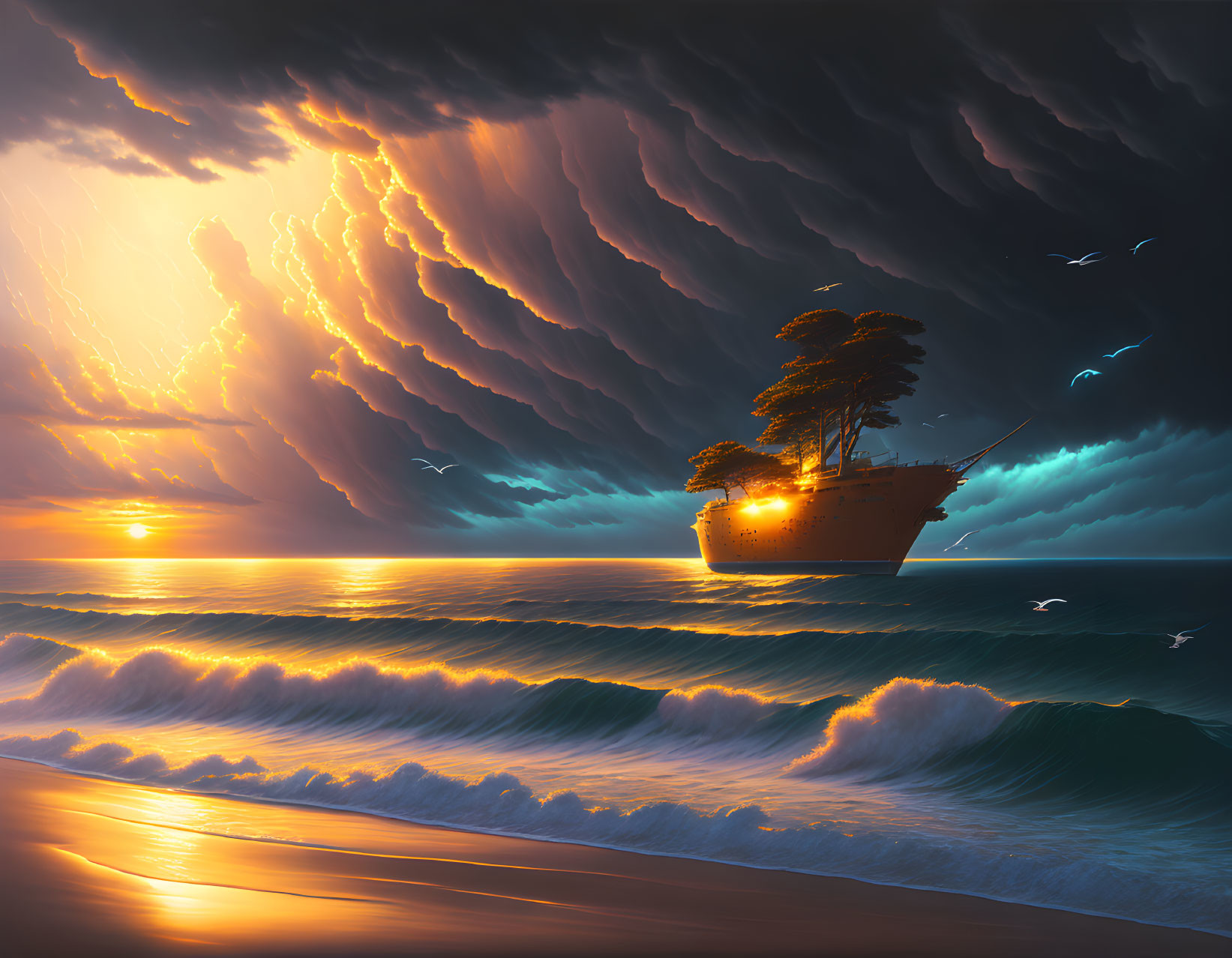 Surreal seascape with island on ship, dramatic clouds, setting sun, birds flying.