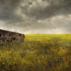 Dramatic shipwrecks in tranquil field with lightning, rain, and yellow flowers