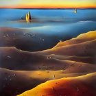 Vibrant surreal landscape with sand dunes, water, and rock formations