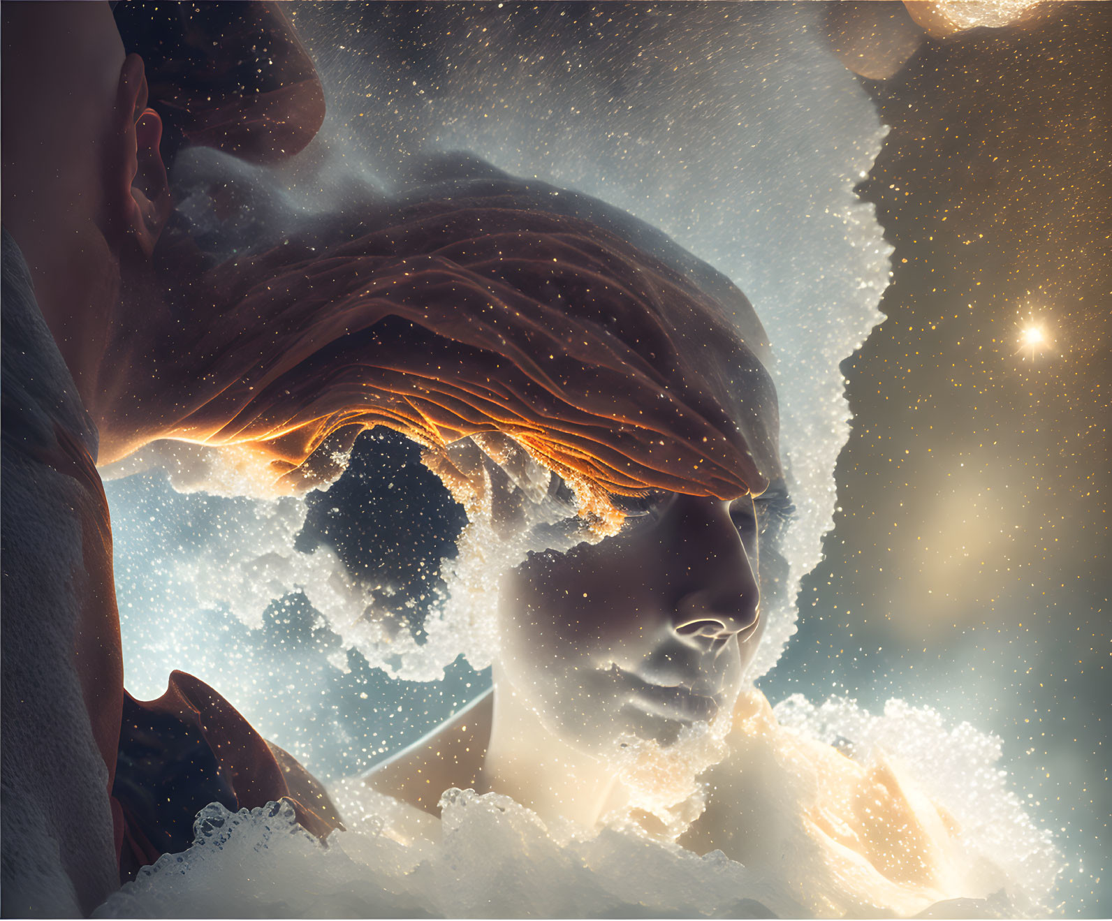 Woman's face merges with cosmic elements in surreal portrait